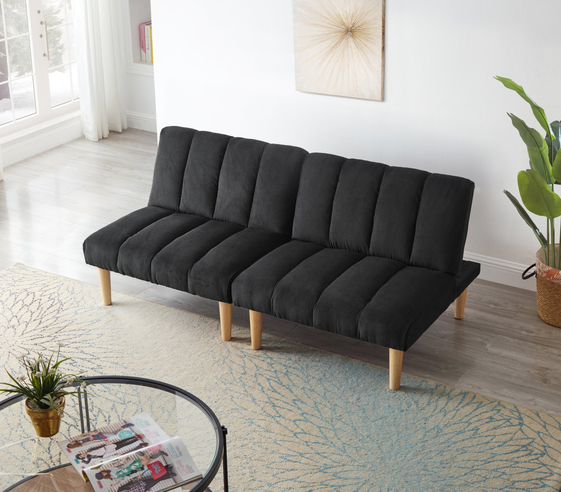 Corduroy Fabric, Wooden Legs Convertible Sofa Bed Color:Black Black Corduroy 3 Seat