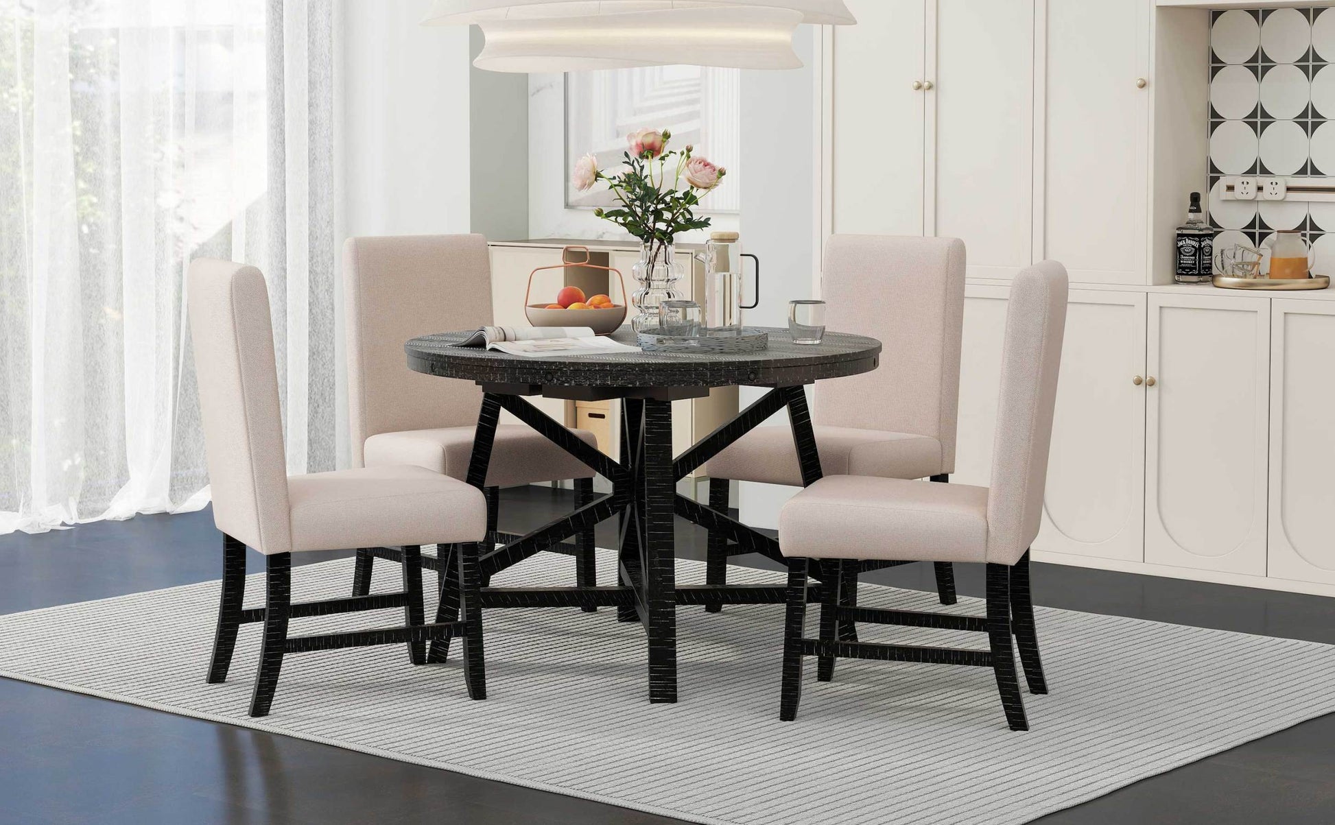 5 Piece Retro Functional Dining Set With Extendable Round Table With Removable Middle Leaf And 4 Upholstered Chairs For Dining Room And Living Room Black Black Solid Wood Mdf