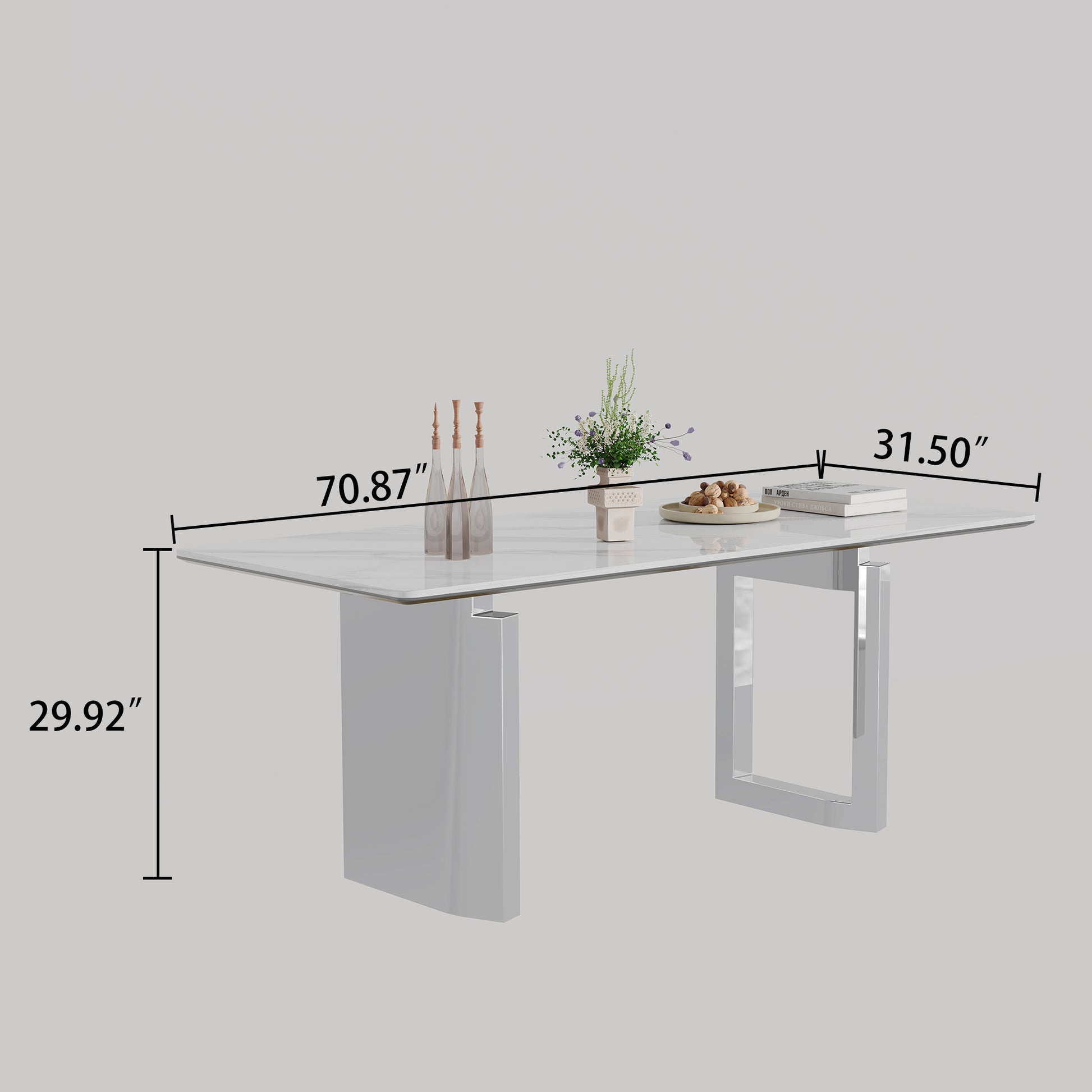 0.47" Thick Sintered Stone Composite Tempered Glass Top Rectangular Dining Table With Stainless Steel Base Silver Sintered Stone