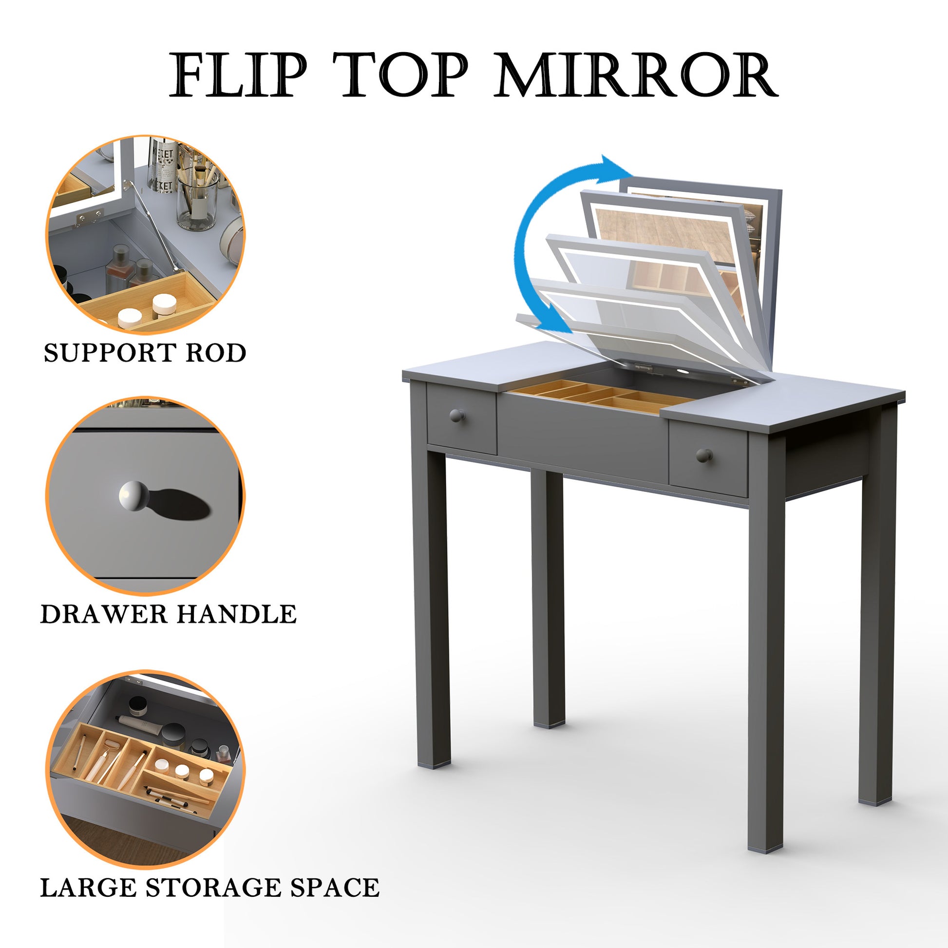 Sleek Grey Vanity Table With Led Lights, Flip Top Mirror And 2 Drawers, Jewelry Storage For Women Dressing Grey 2 Drawers Mdf