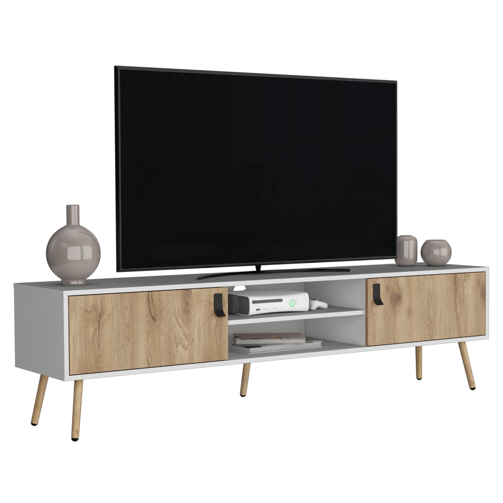 Toka Tv Rack With 2 Hinged Doors And Central Shelves, White Macadamia White Walnut 60 69 Inches Particle Board Pine