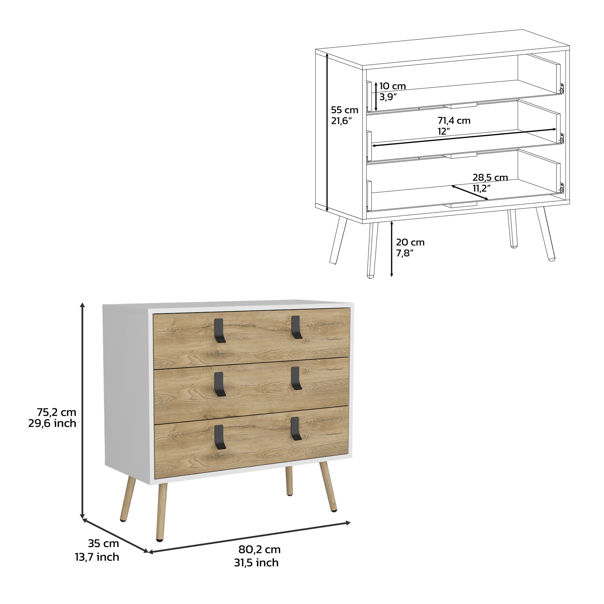 Dresser 29"H, 3 Drawers Dresser With Handles And Wooden Legs, White Macadamia White Walnut Particle Board Pine