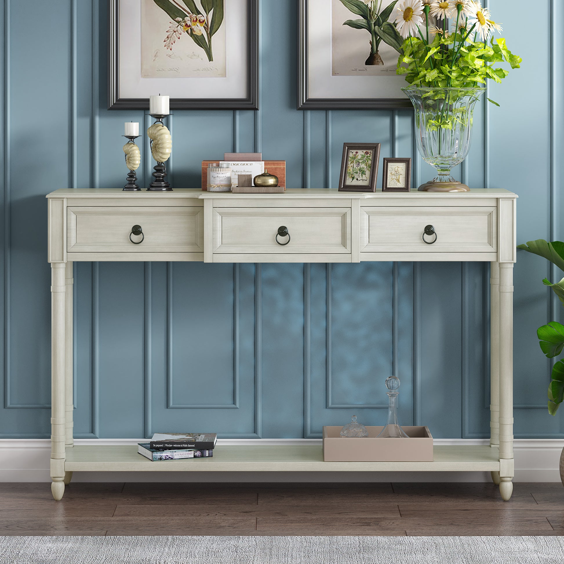 Console Table Sofa Table With Drawers For Entryway With Projecting Drawers And Long Shelf Antique White, Old Sku: Wf189574Aak Antique White Solid Wood Mdf