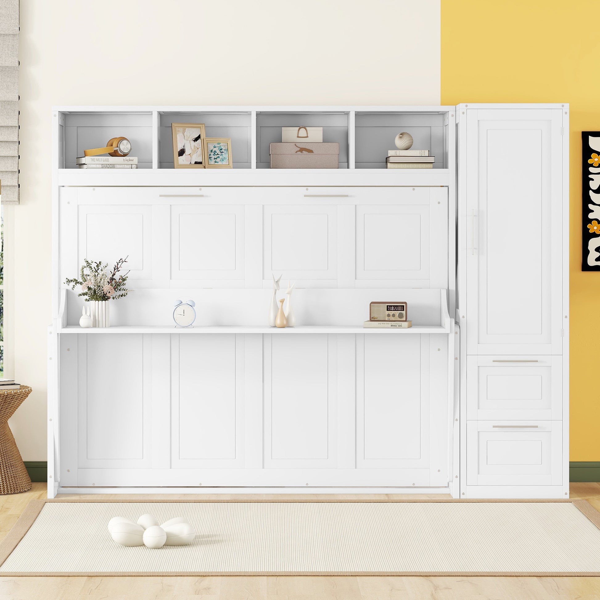 Queen Size Murphy Bed Wall Bed With Closet And Drawers,White Queen White Mdf Lvl