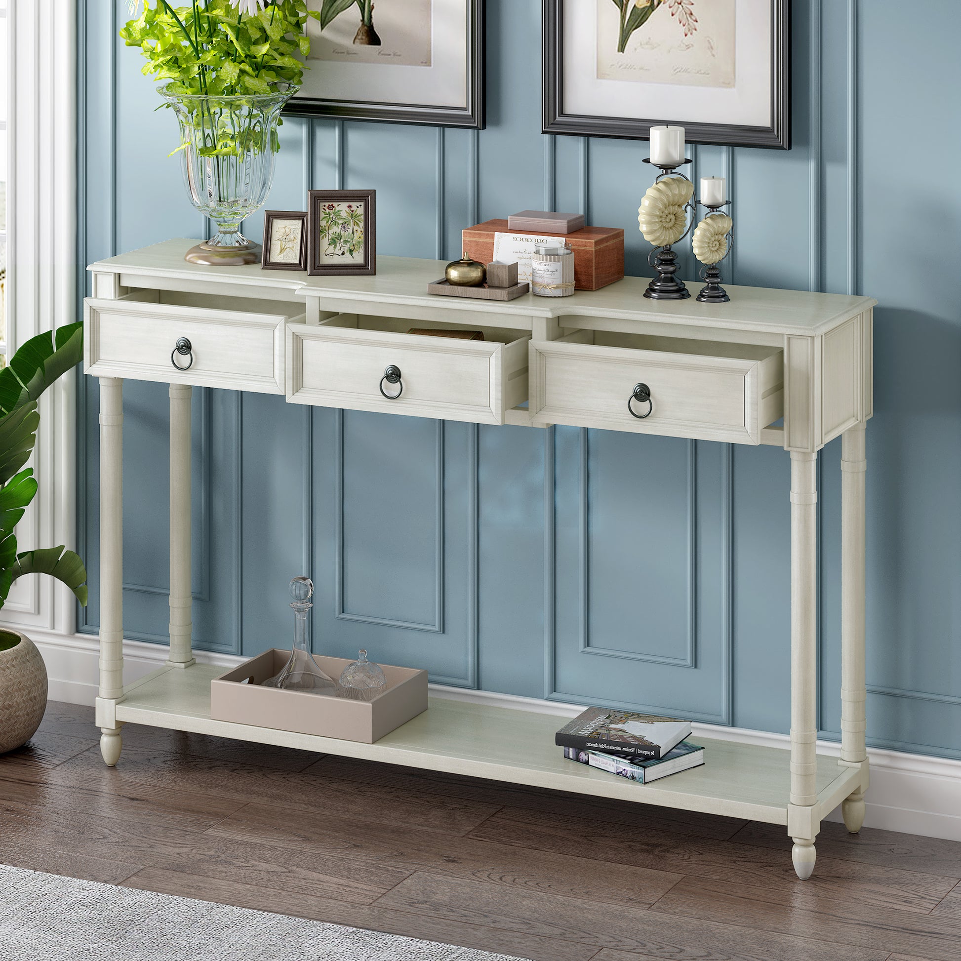 Console Table Sofa Table With Drawers For Entryway With Projecting Drawers And Long Shelf Antique White, Old Sku: Wf189574Aak Antique White Solid Wood Mdf