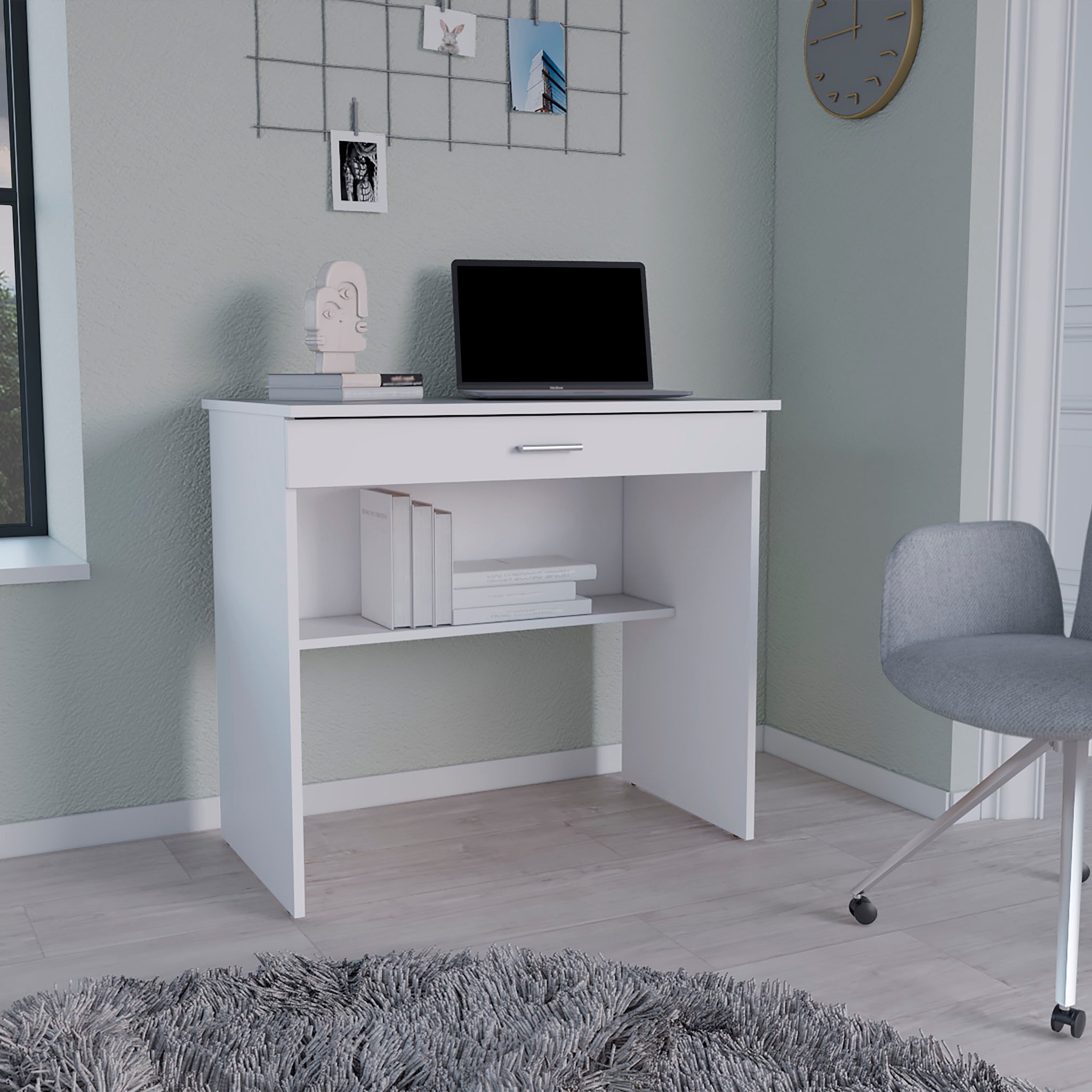 Montana Storage Desk, Spacious Stylish With Drawer And Shelf, White White Particle Board Pine