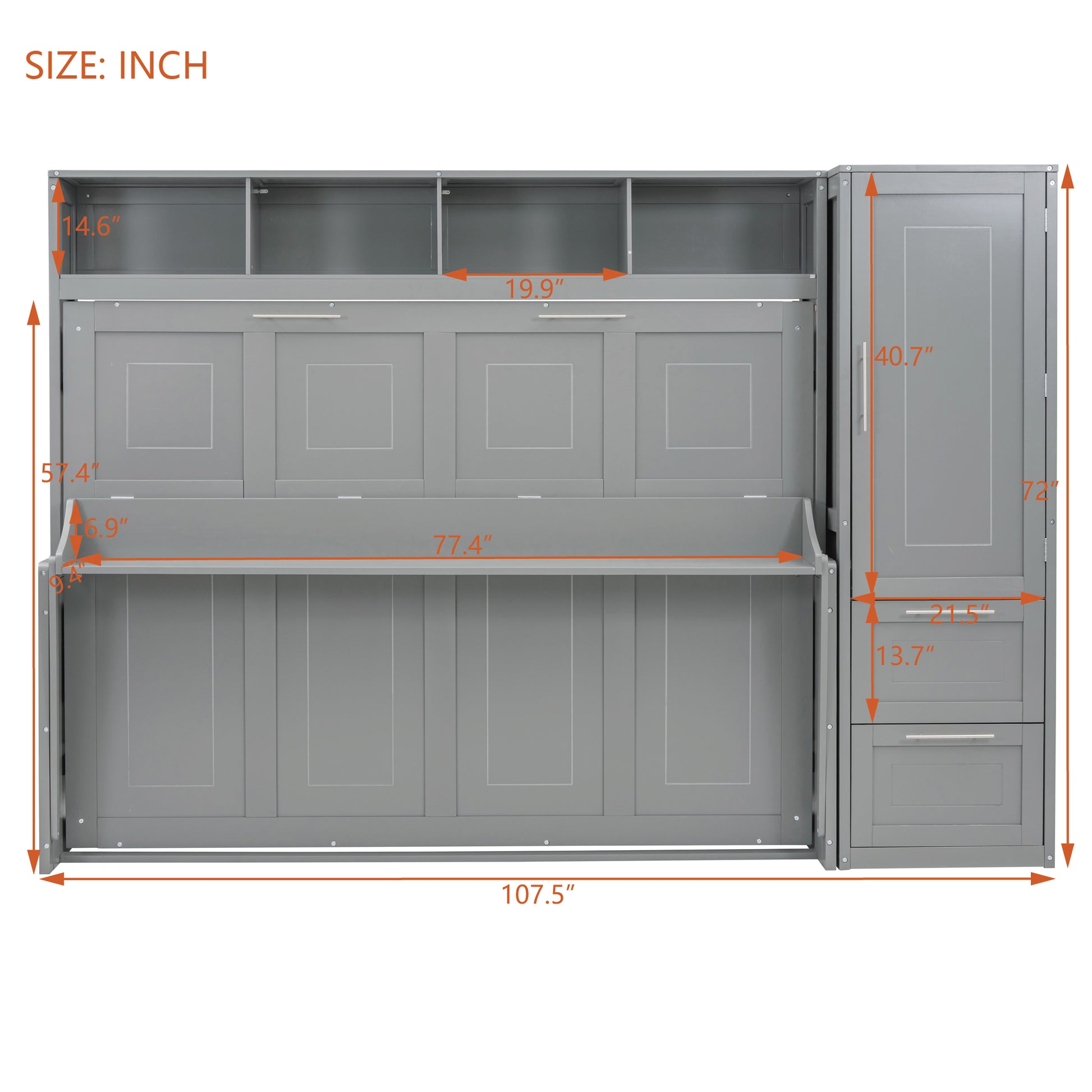 Full Size Murphy Bed Wall Bed With Closet And Drawers,Gray Gray Mdf Lvl