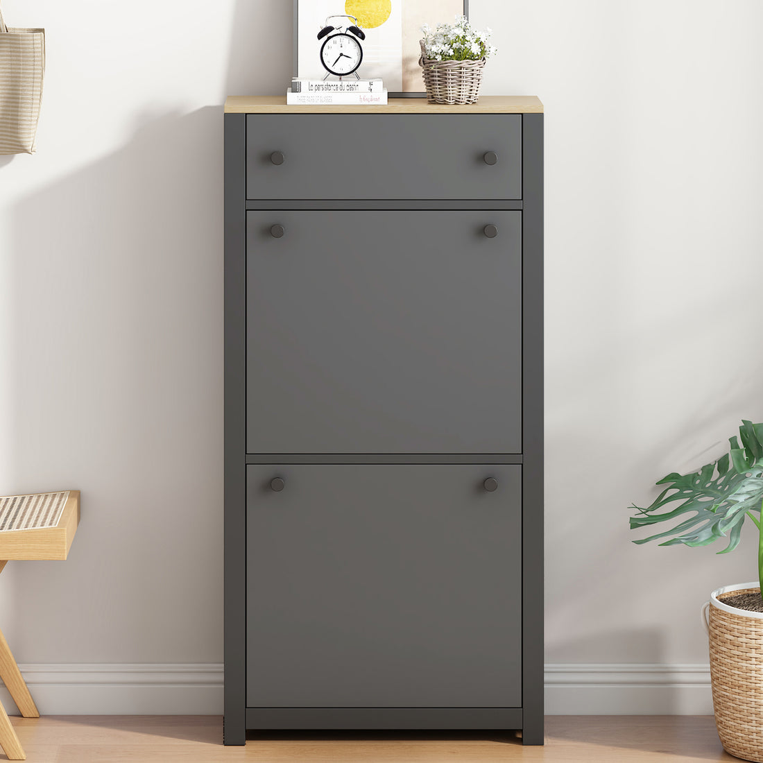 Functional Entryway Organizer With 2 Flip Drawers, Wood Grain Pattern Top Shoe Cabinet With Drawer, Free Standing Shoe Rack With Adjustable Panel For Hallway, Grey Freestanding 3 4 Drawers Grey Primary Living Space Adjustable Shelves Particle Board