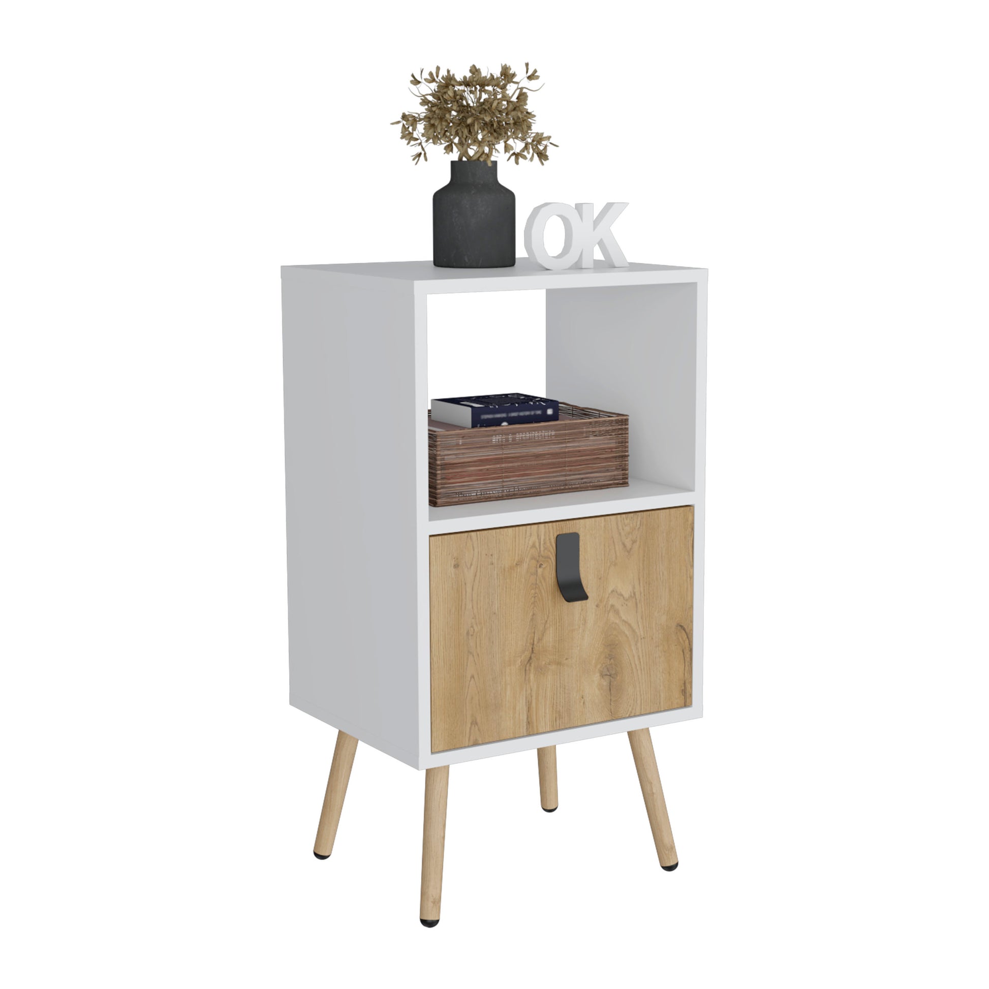 Tall Nightstand 29"H, With One Drawer And Functional Storage, White Macadamia White Walnut Particle Board Pine