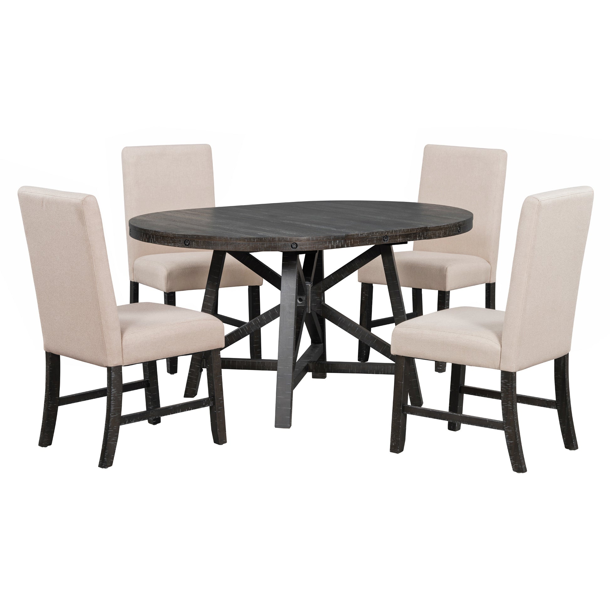 5 Piece Retro Functional Dining Set With Extendable Round Table With Removable Middle Leaf And 4 Upholstered Chairs For Dining Room And Living Room Black Black Solid Wood Mdf