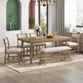 6 Piece Retro Farmhouse Style Dining Set, Rectangular Table And 4 Upholstered Chairs With Rattan And Bench For Dining Room And Kitchen Natural Wood Wash Natural Wood Wash Solid Wood Mdf