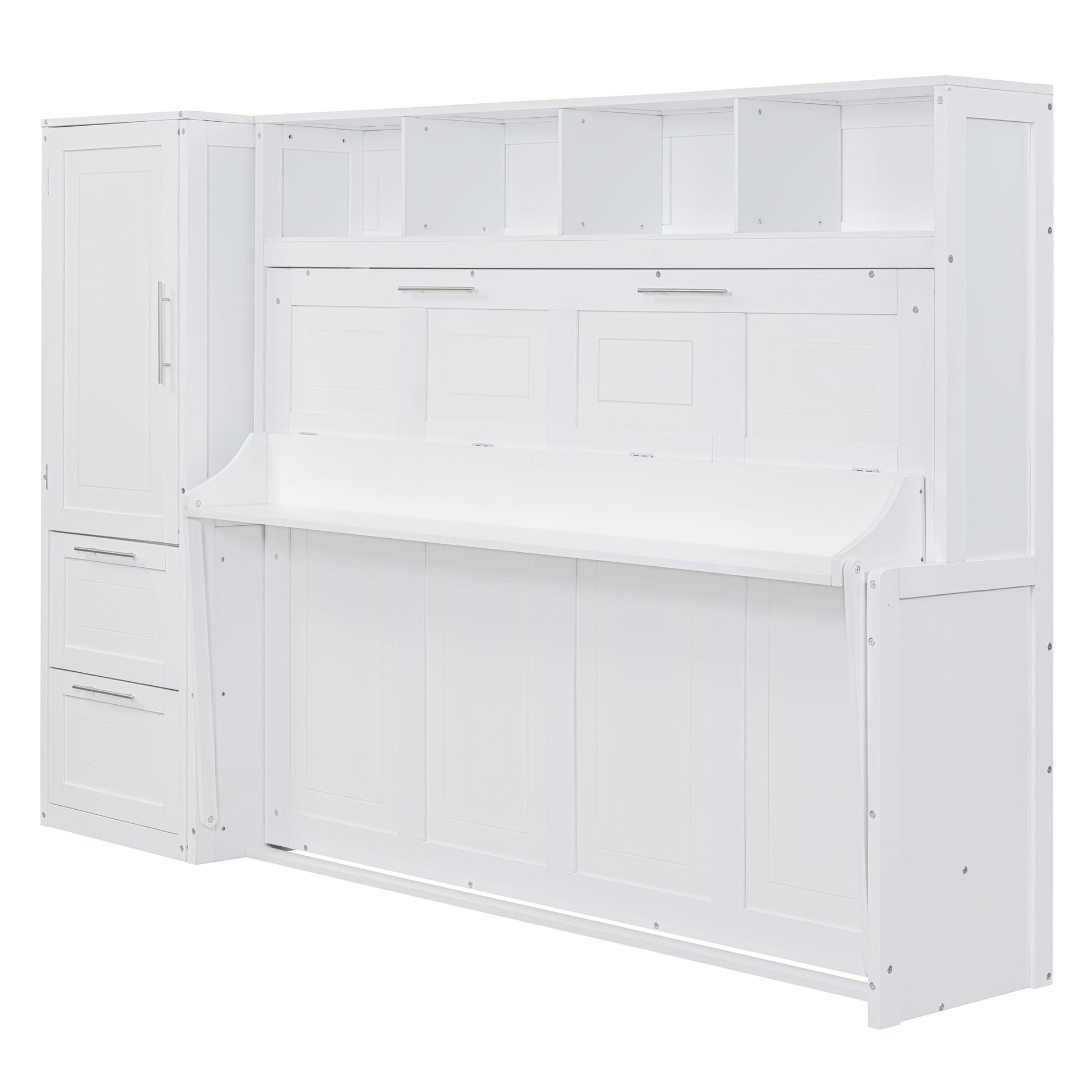 Full Size Murphy Bed Wall Bed With Closet And Drawers,White White Mdf Lvl