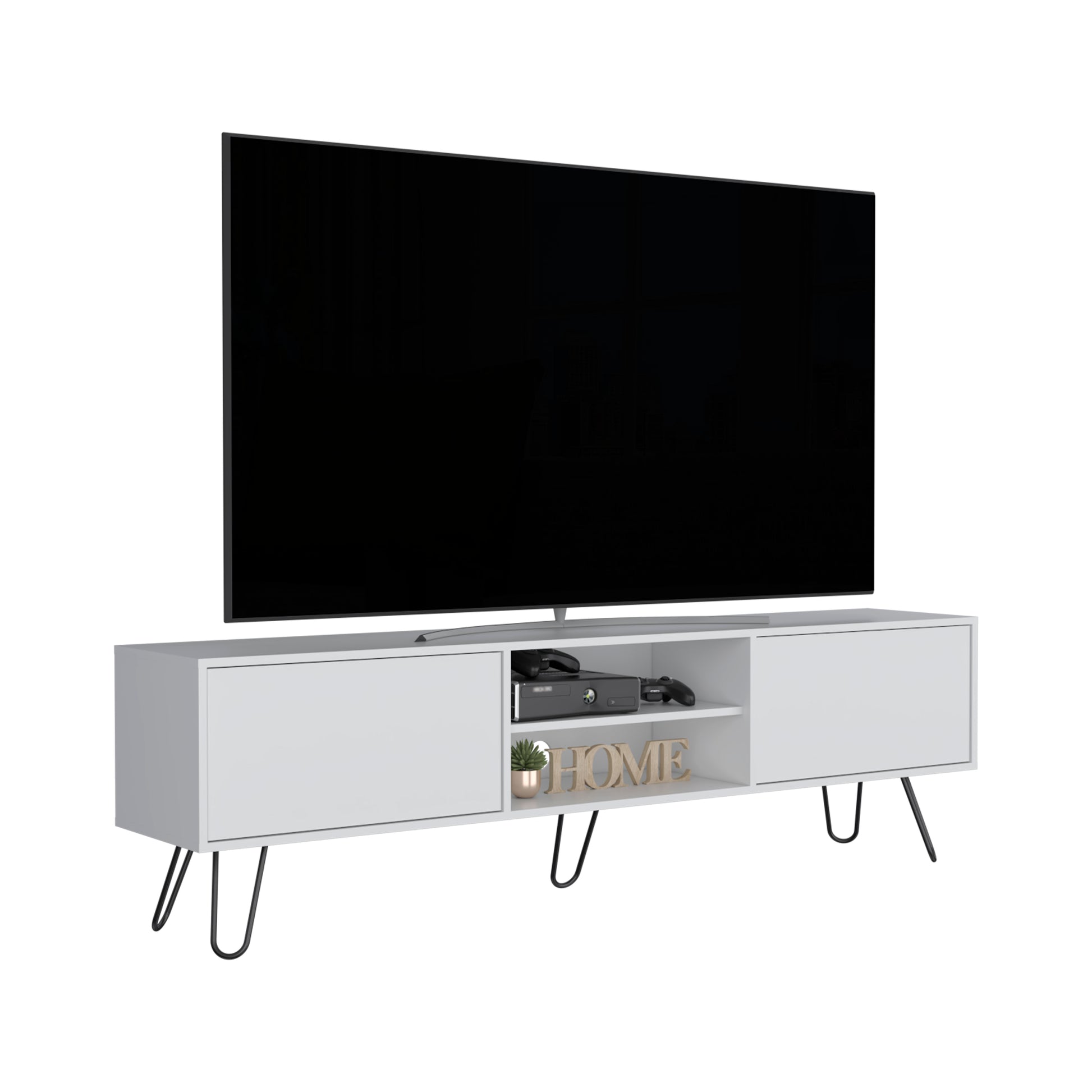 Waco Tv Rack, Hairpin Stand With Spacious Storage And Cable Management Holes, White White 50 59 Inches Particle Board Pine