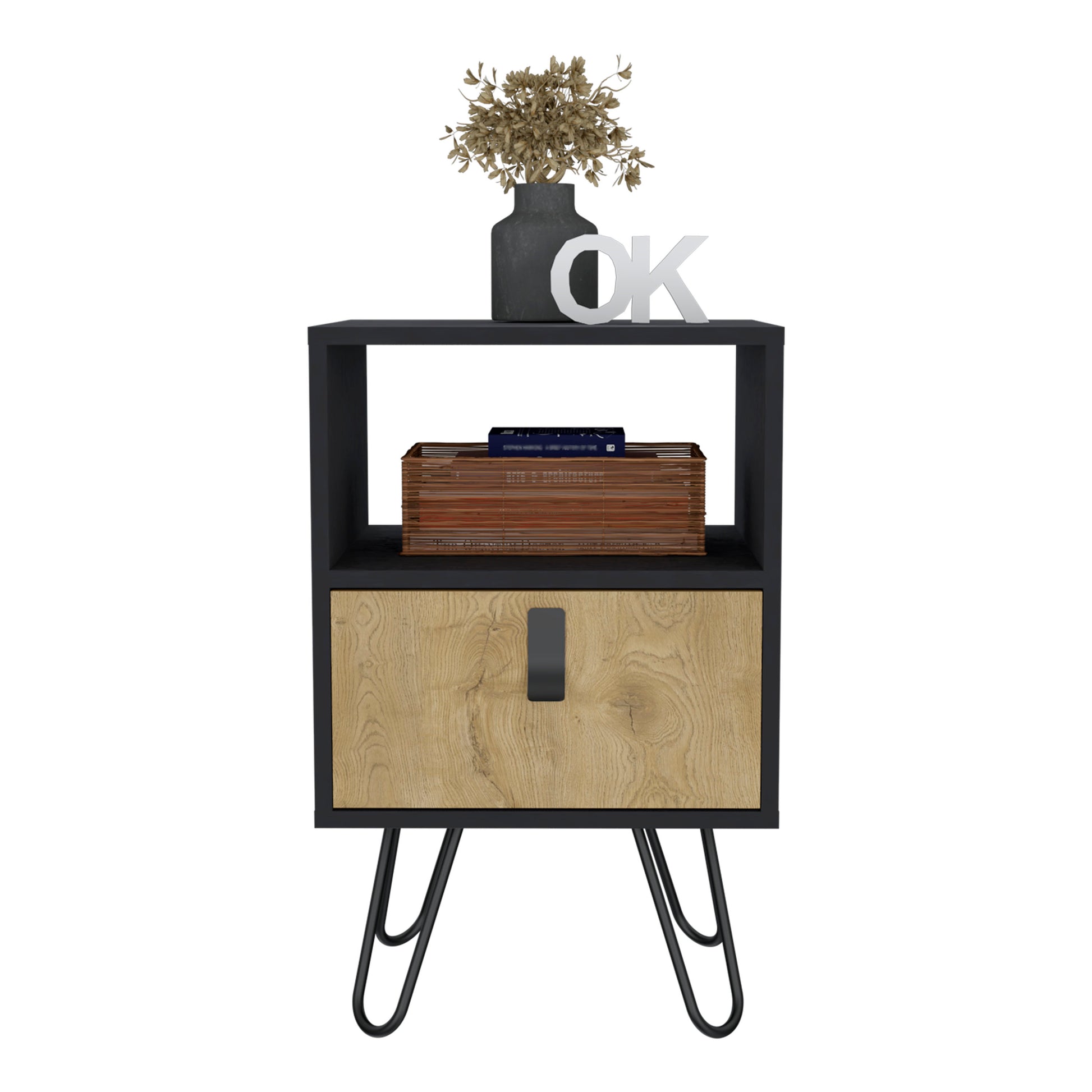 Nightstand 24"Hsleek Design With Hairpin Legs And One Drawer, Black Macadamia Black Multi Particle Board Pine