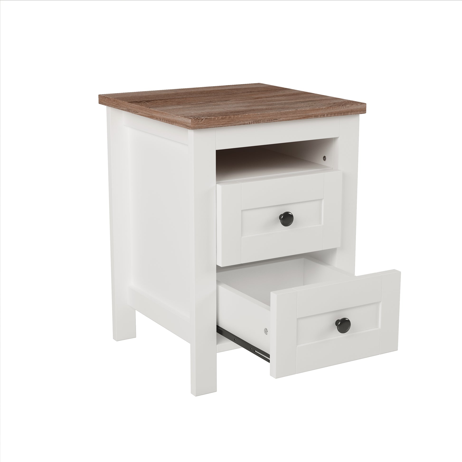 2 Drawer Farmhouse Wooden Nightstand With Well Proportioned Design And Sleek Lines, Wood Side Table With Storage Cabinet For Bedroom, White Brown White Particle Board