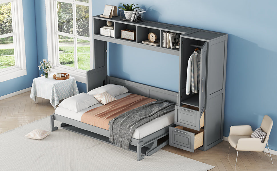 Full Size Murphy Bed Wall Bed With Closet And Drawers,Gray Gray Mdf Lvl