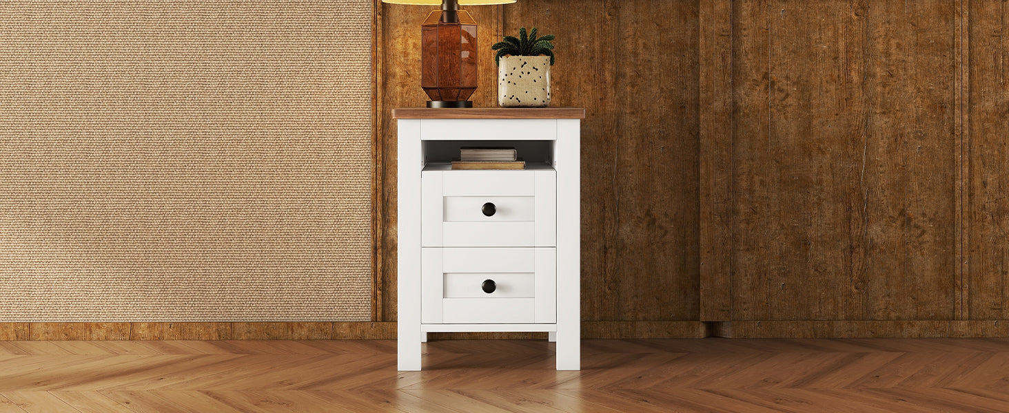 2 Drawer Farmhouse Wooden Nightstand With Well Proportioned Design And Sleek Lines, Wood Side Table With Storage Cabinet For Bedroom, White Brown White Particle Board