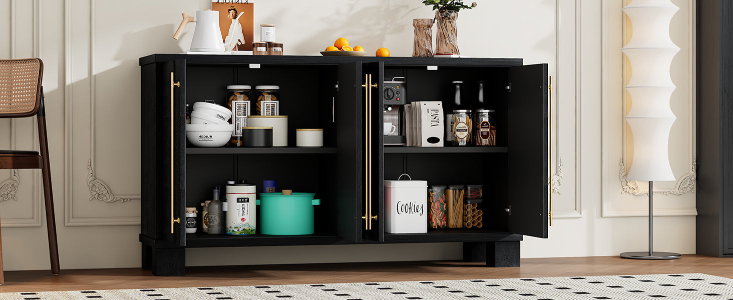 Wood Traditional Style Sideboard With Adjustable Shelves And Gold Handles For Kitchen, Dining Room And Living Room Black Black Mdf