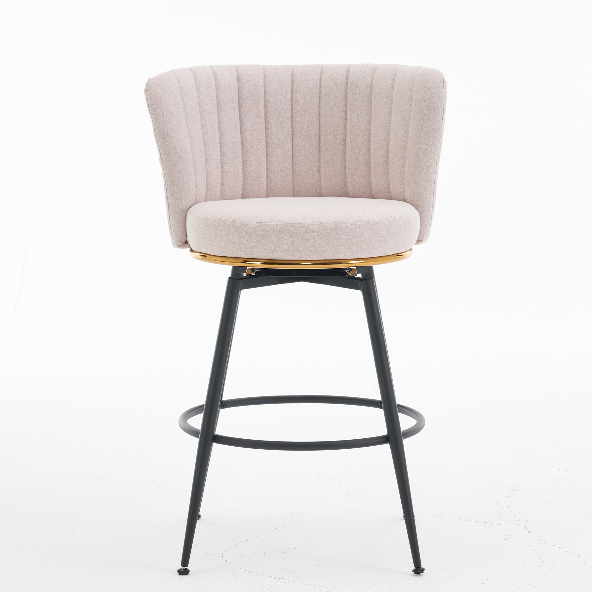 Set Of 2 Beige Swivel Bar Stools High Back, Adjustable, Upholstered With Elegant Metal Back Accents For Kitchen, Bar, Or Dining Room Beige Metal