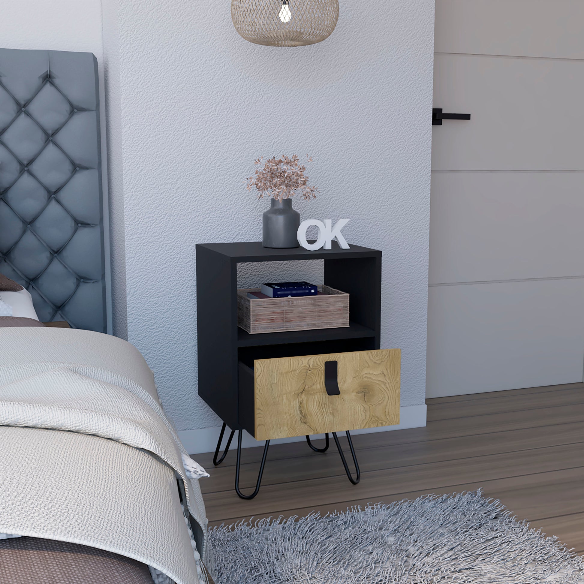 Nightstand 24"Hsleek Design With Hairpin Legs And One Drawer, Black Macadamia Black Multi Particle Board Pine