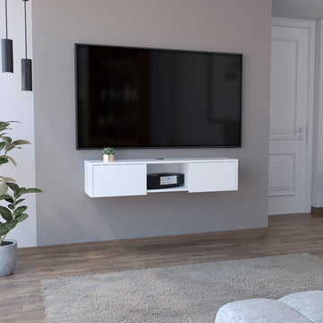 Adel Floating Tv Stand, Sleek Wall Mounted Console With 2 Doors, White White 50 59 Inches Particle Board Pine