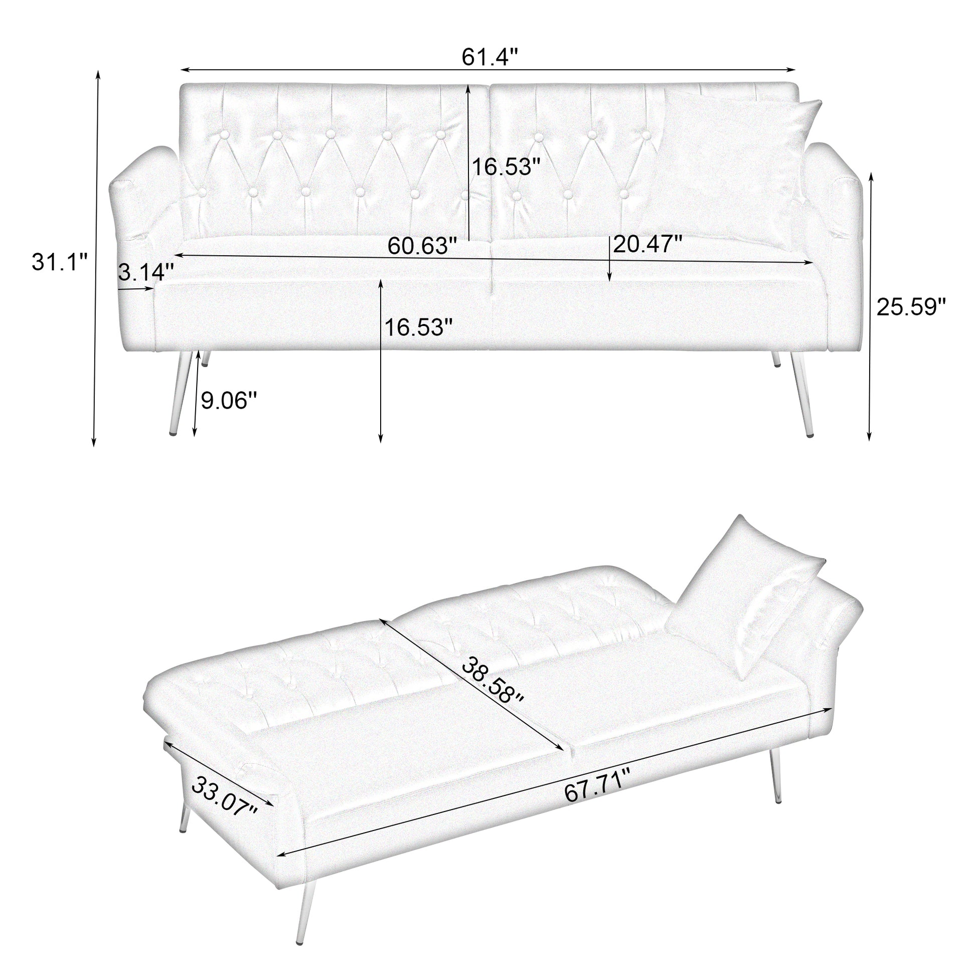 67.71 Inch Faux Leather Sofa Bed With Adjustment Armres Green Foam Pvc 2 Seat