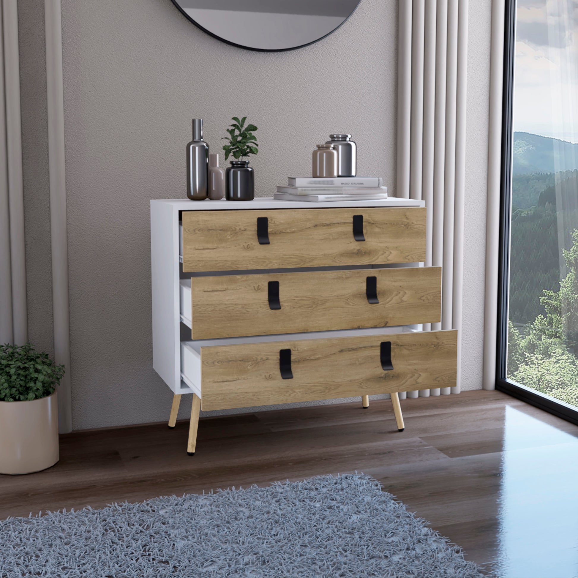 Dresser 29"H, 3 Drawers Dresser With Handles And Wooden Legs, White Macadamia White Walnut Particle Board Pine