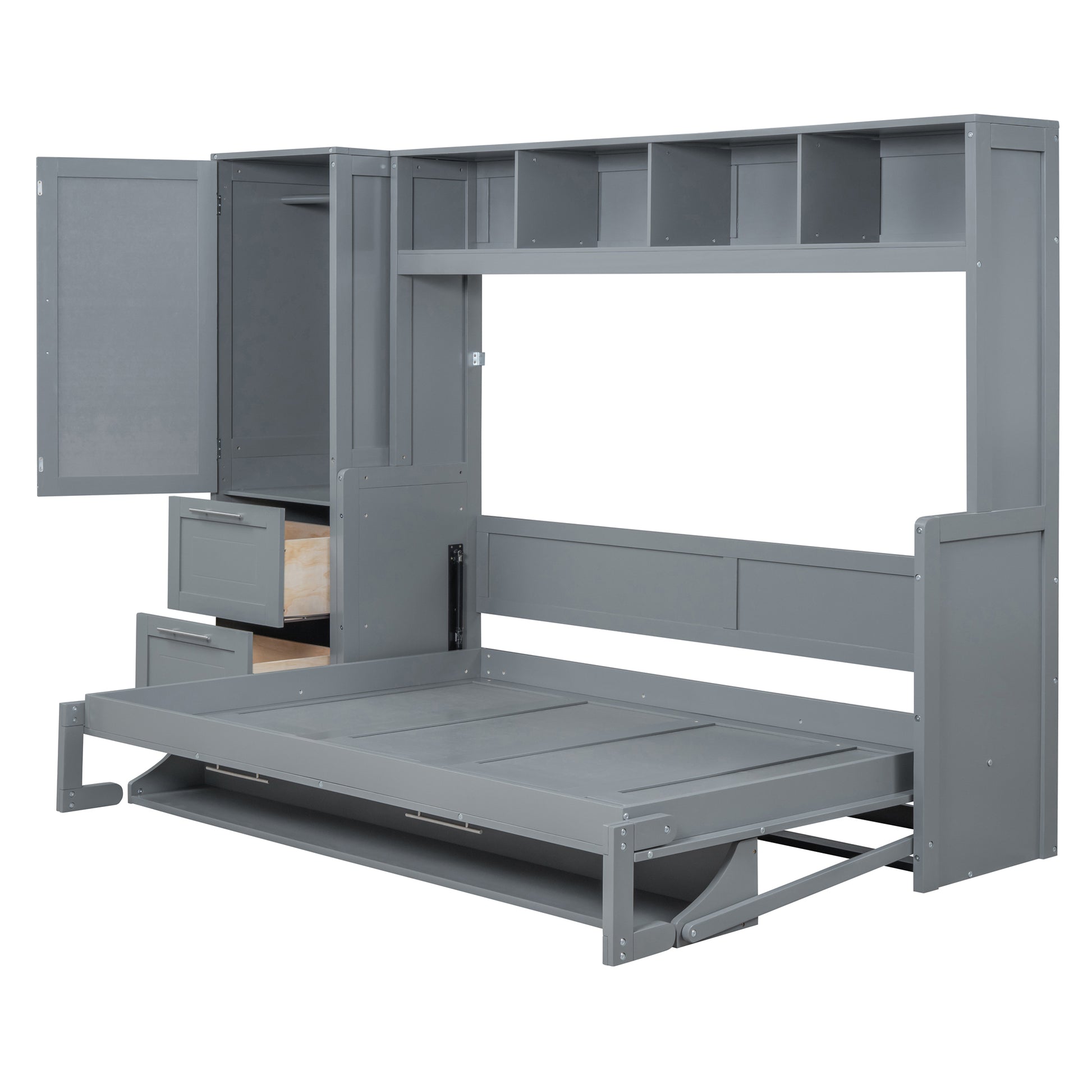 Queen Size Murphy Bed Wall Bed With Closet And Drawers,Gray Gray Mdf Lvl