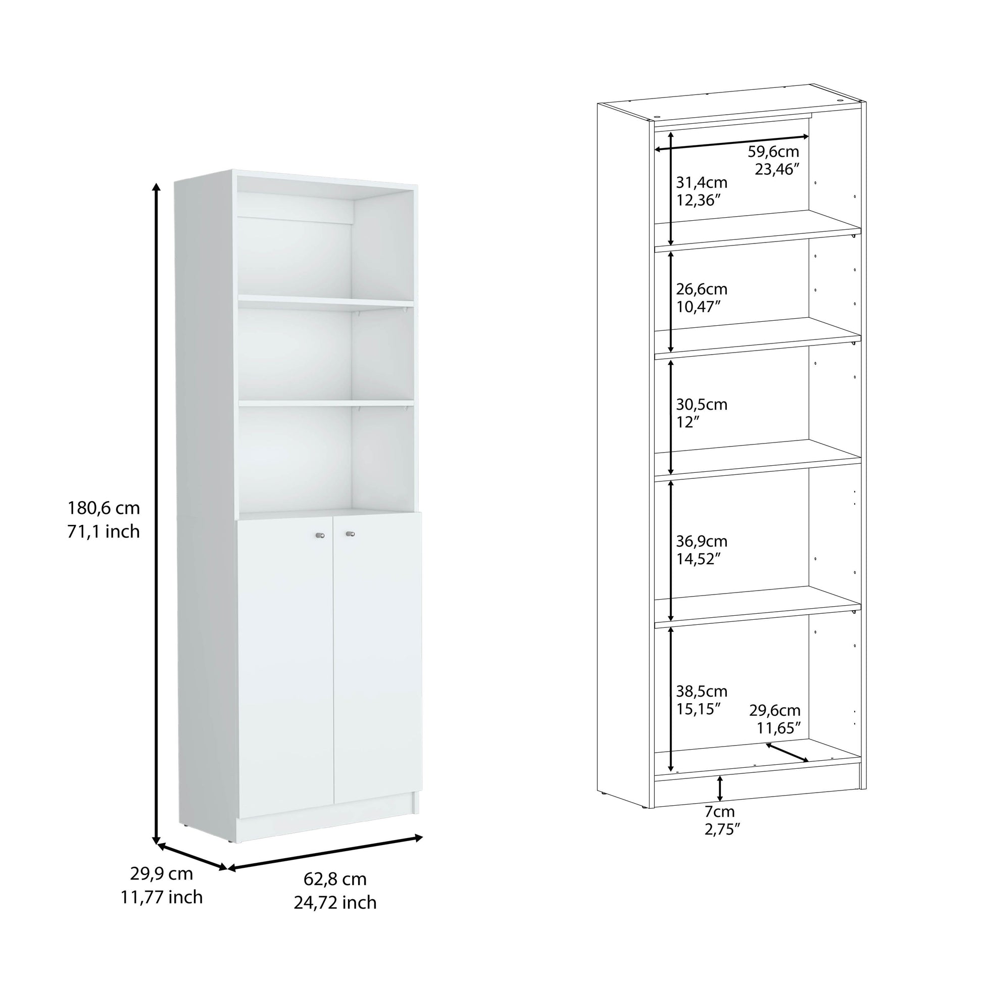 Vinton 2 Door Bookcase With Upper Shelves, White White Particle Board Pine