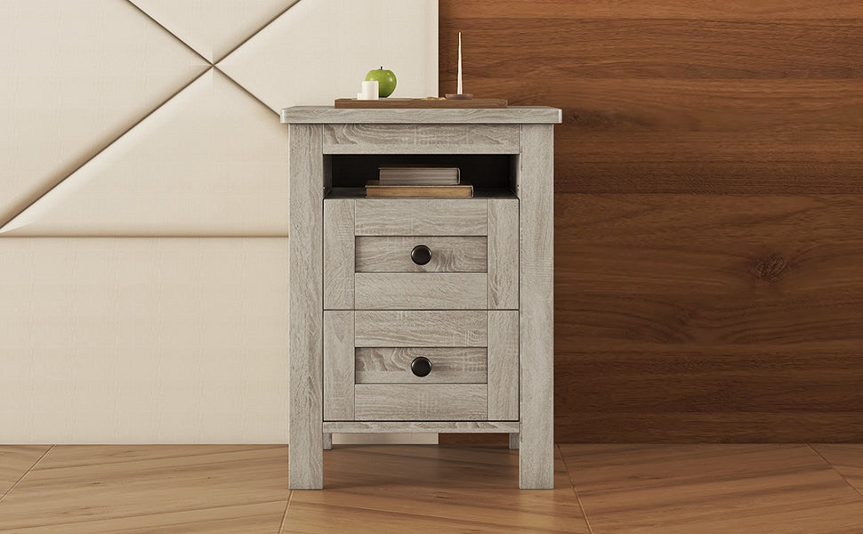 2 Drawer Farmhouse Wooden Nightstand With Well Proportioned Design And Sleek Lines, Wood Side Table With Storage Cabinet For Bedroom, Antique Gray Antique Gray Particle Board