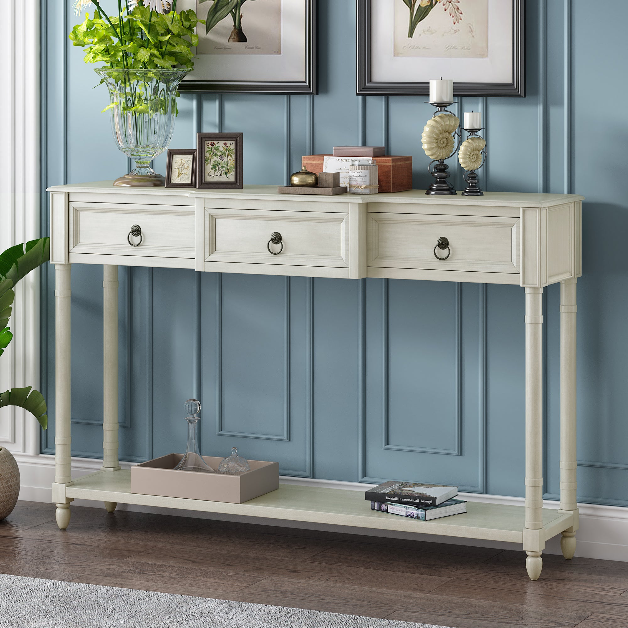 Console Table Sofa Table with Drawers for antique white-solid wood+mdf