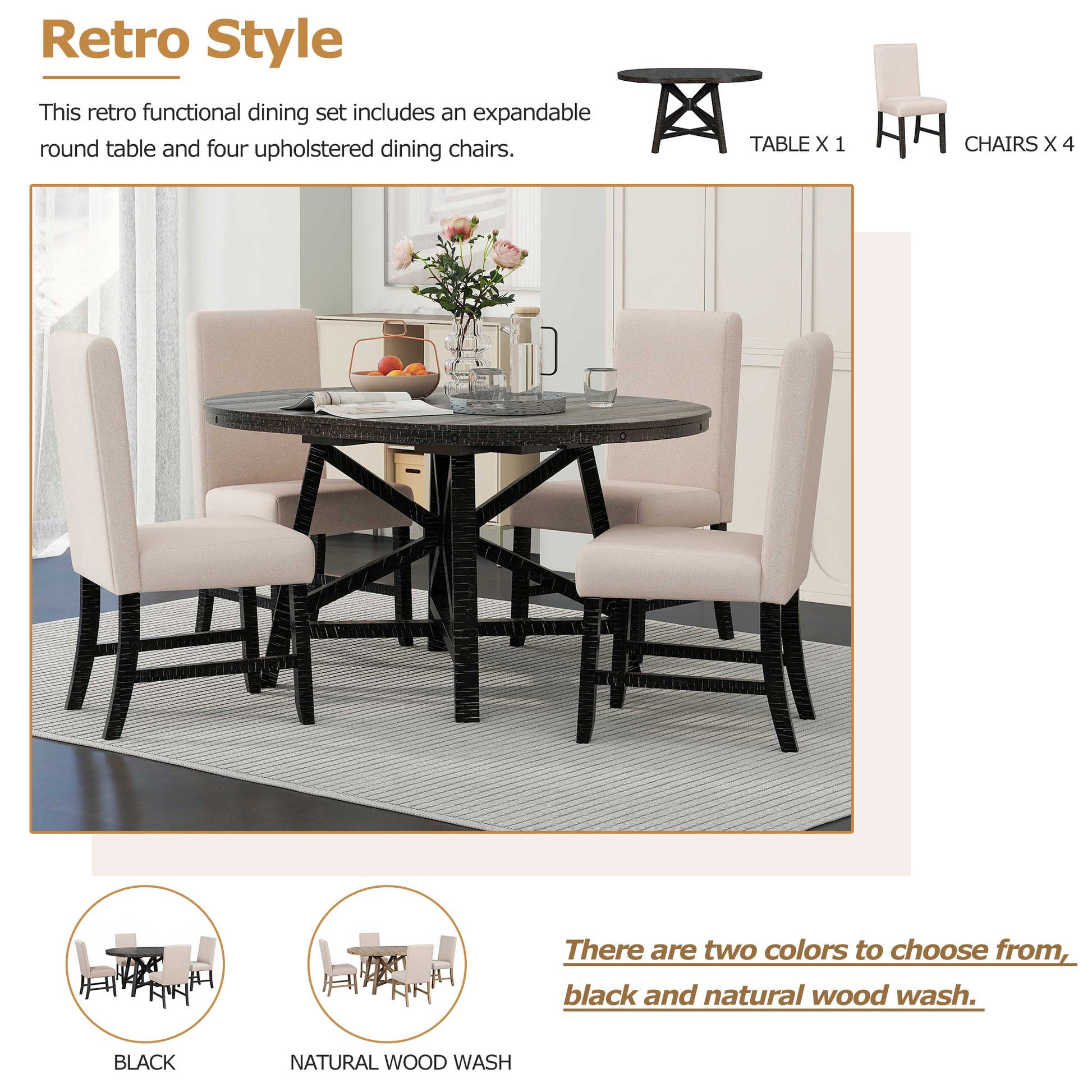 5 Piece Retro Functional Dining Set With Extendable Round Table With Removable Middle Leaf And 4 Upholstered Chairs For Dining Room And Living Room Black Black Solid Wood Mdf