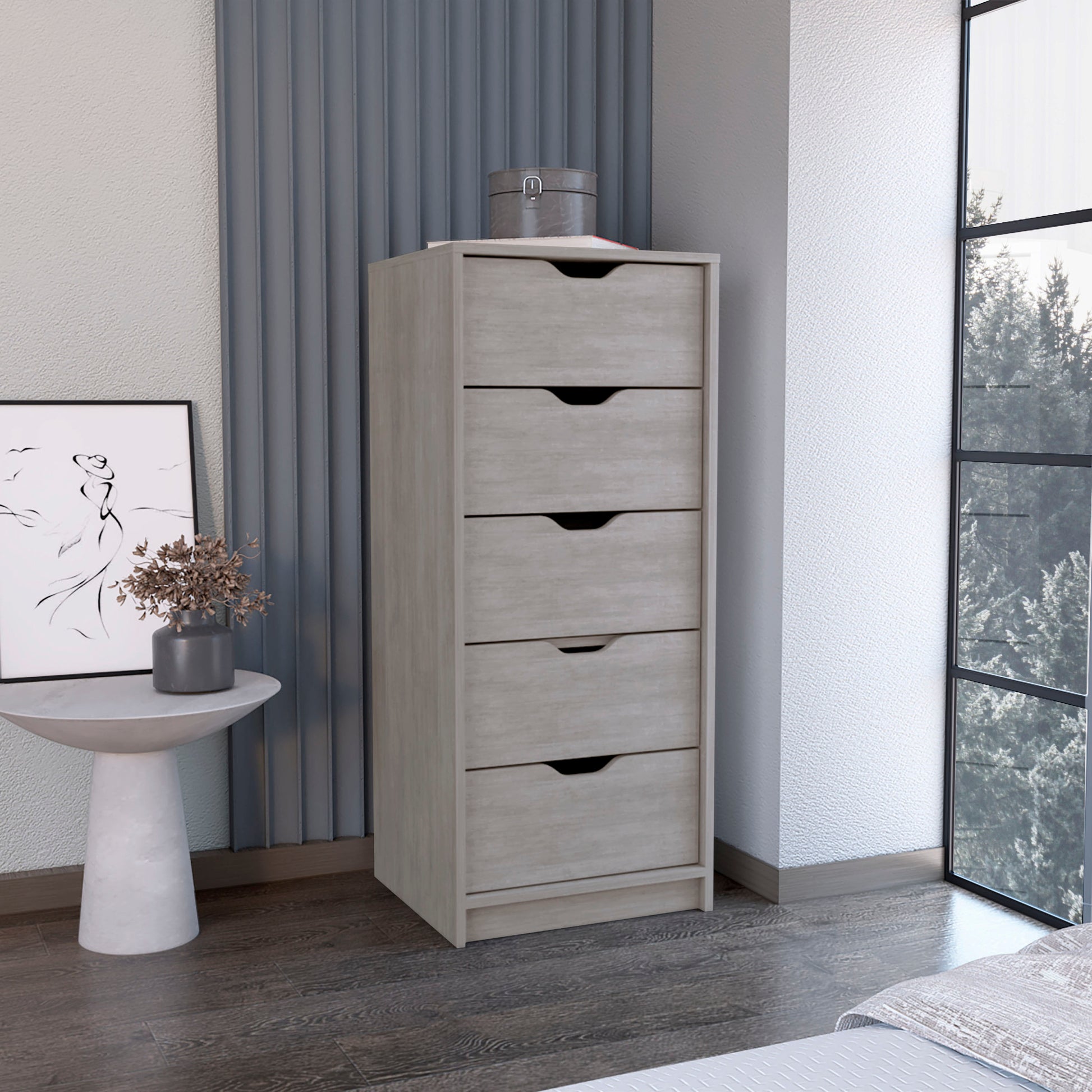 Dresser 42H" 5 Drawers Narrow Dresser, Slim Storage Chest Of Drawers, Bedroom, Concrete Gray Gray Particle Board Pine