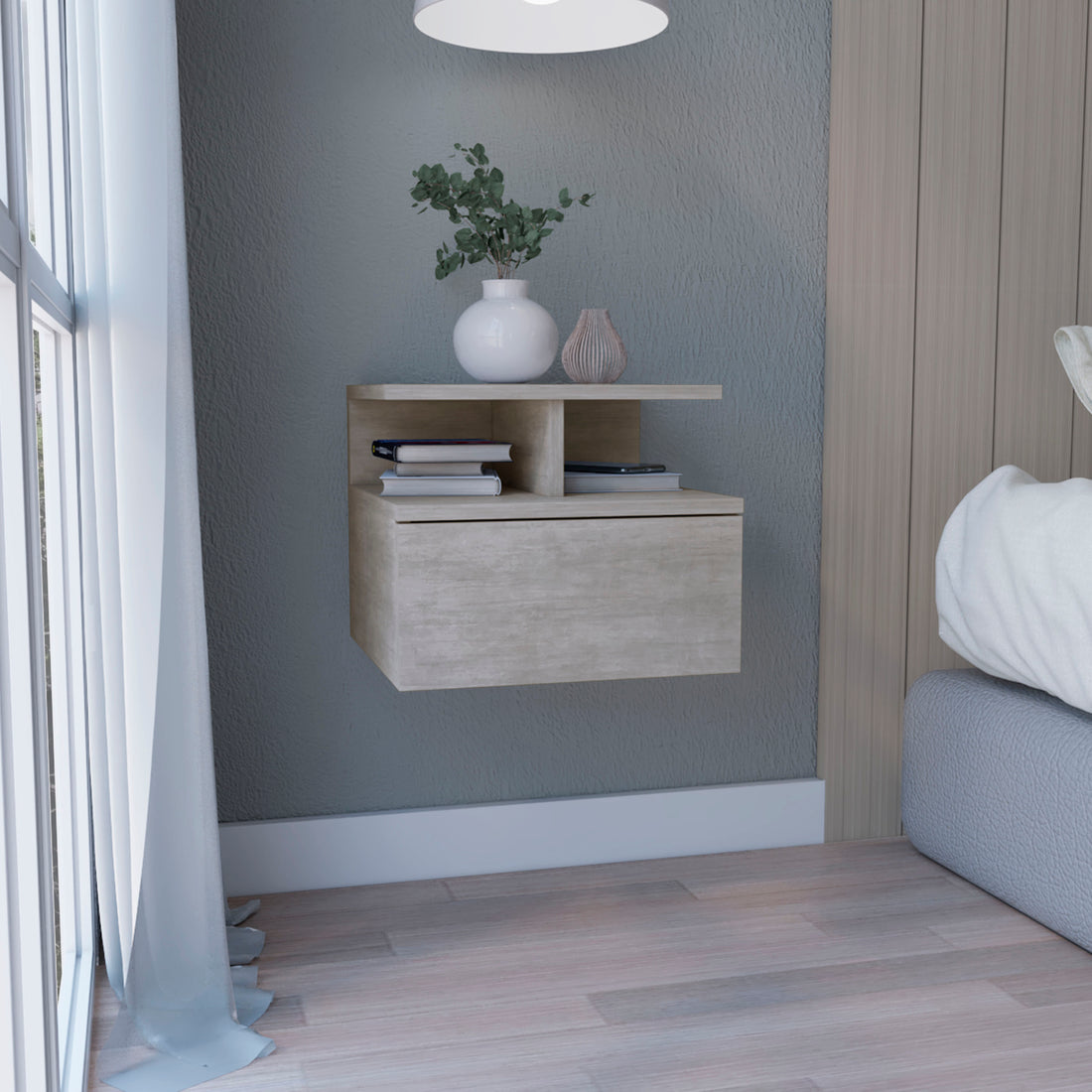 Floating Nightstand 12"H, Wall Mounted With Single Drawer And 2 Tier Shelf, Concrete Gray Gray Particle Board Pine