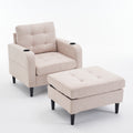 Beige Upholstered Armchair And Storage Ottoman Set Comfortable Single Sofa With Cup Holders And Tufted Detailing, Ideal For Living Room Or Bedroom Beige Metal