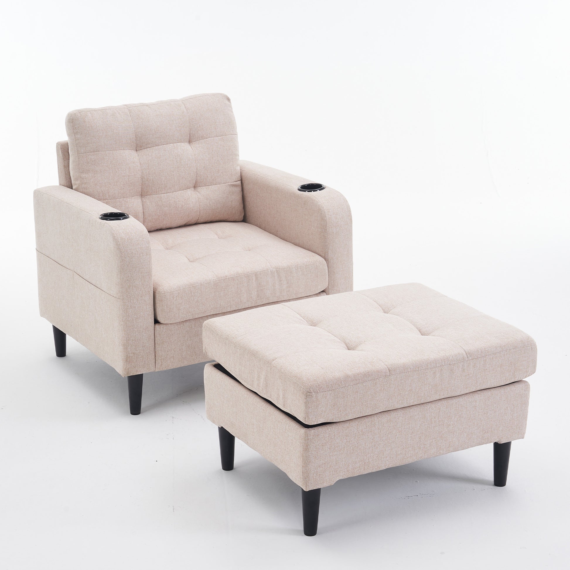 Beige Upholstered Armchair And Storage Ottoman Set Comfortable Single Sofa With Cup Holders And Tufted Detailing, Ideal For Living Room Or Bedroom Beige Metal