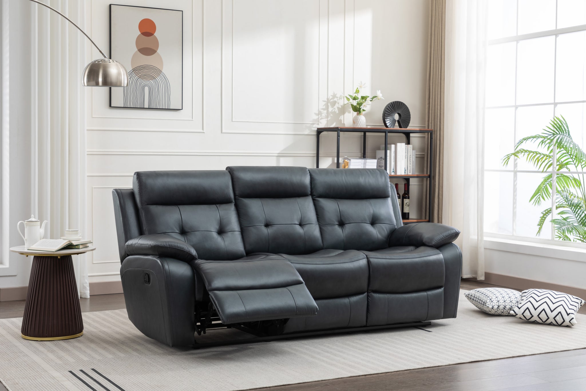 Genuine Leather Non Power Reclining Sofa with Drop light grey-blue-primary living space-american