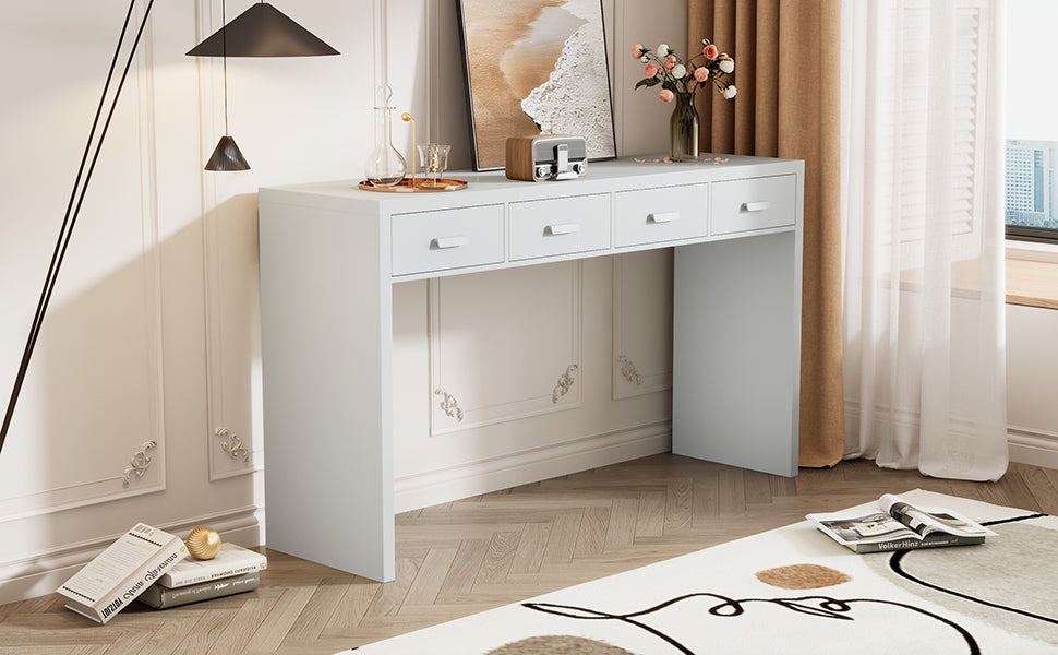 Modern Minimalist Console Table With Open Tabletop And Four Drawers With Metal Handles For Entry Way, Living Room And Dining Room White White Mdf