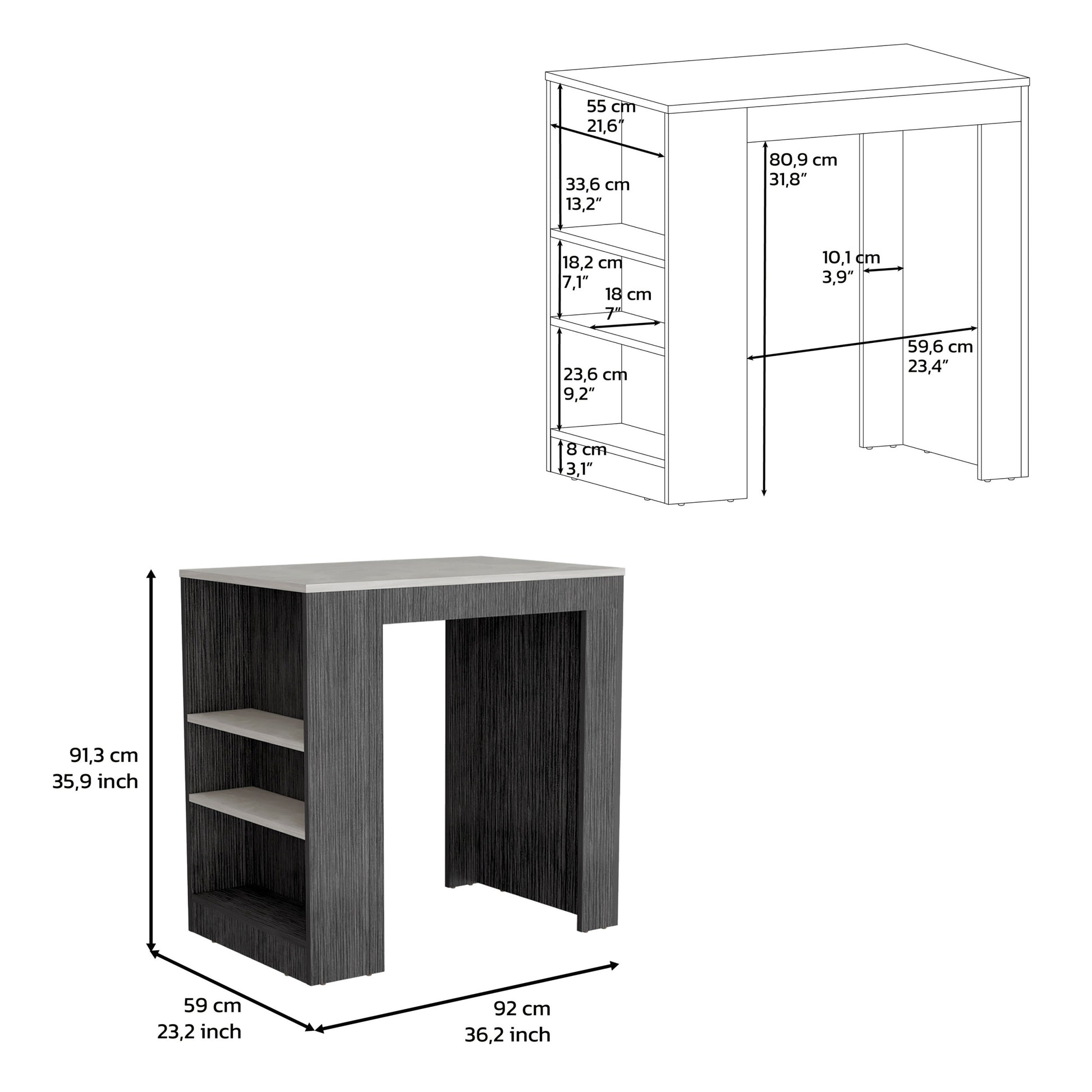 Kitchen Island, Kitchen Bar Table 36" H, 3 Side Shelves, Smokey Oak Ibiza Marble Color Finish Multicolor Particle Board Pine