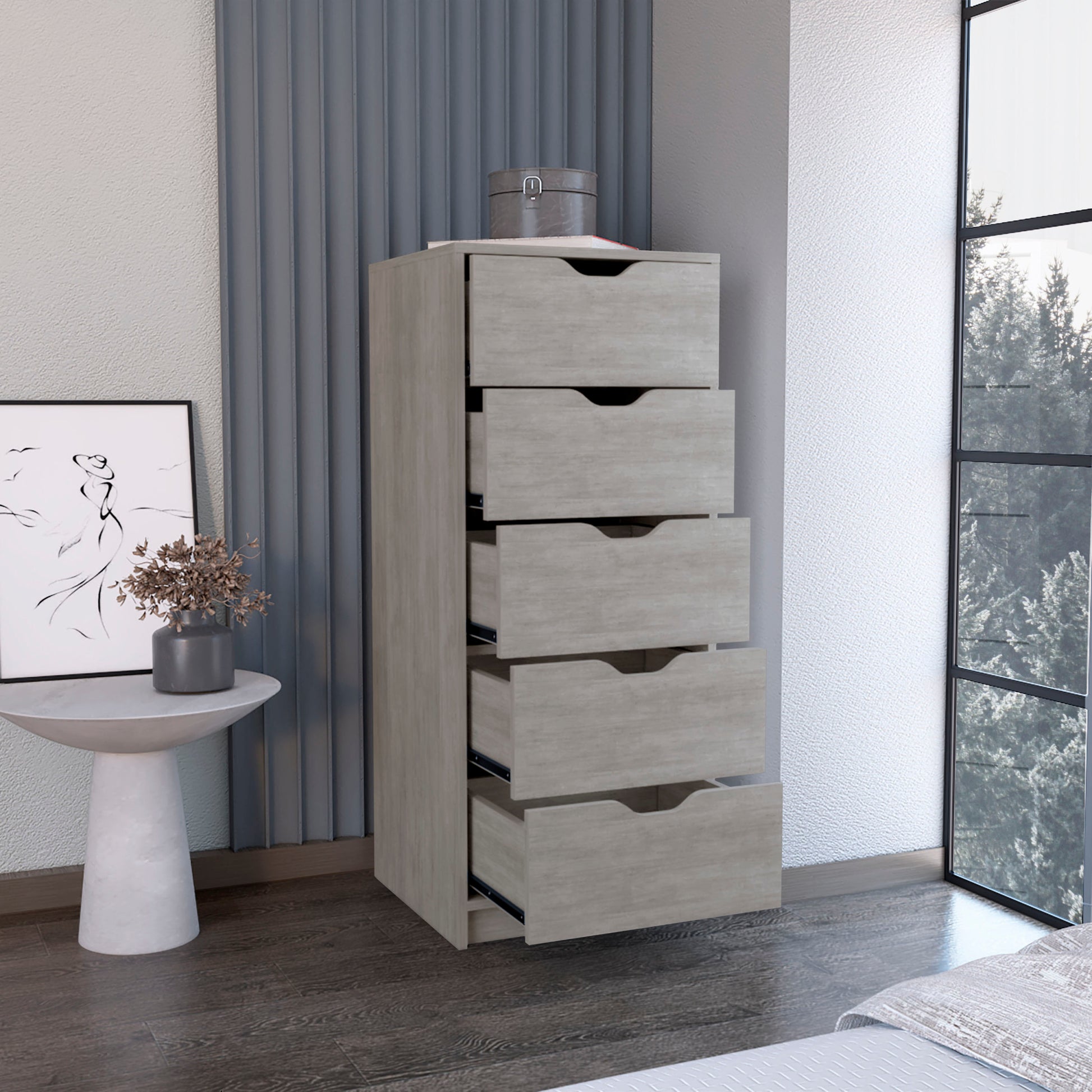 Dresser 42H" 5 Drawers Narrow Dresser, Slim Storage Chest Of Drawers, Bedroom, Concrete Gray Gray Particle Board Pine