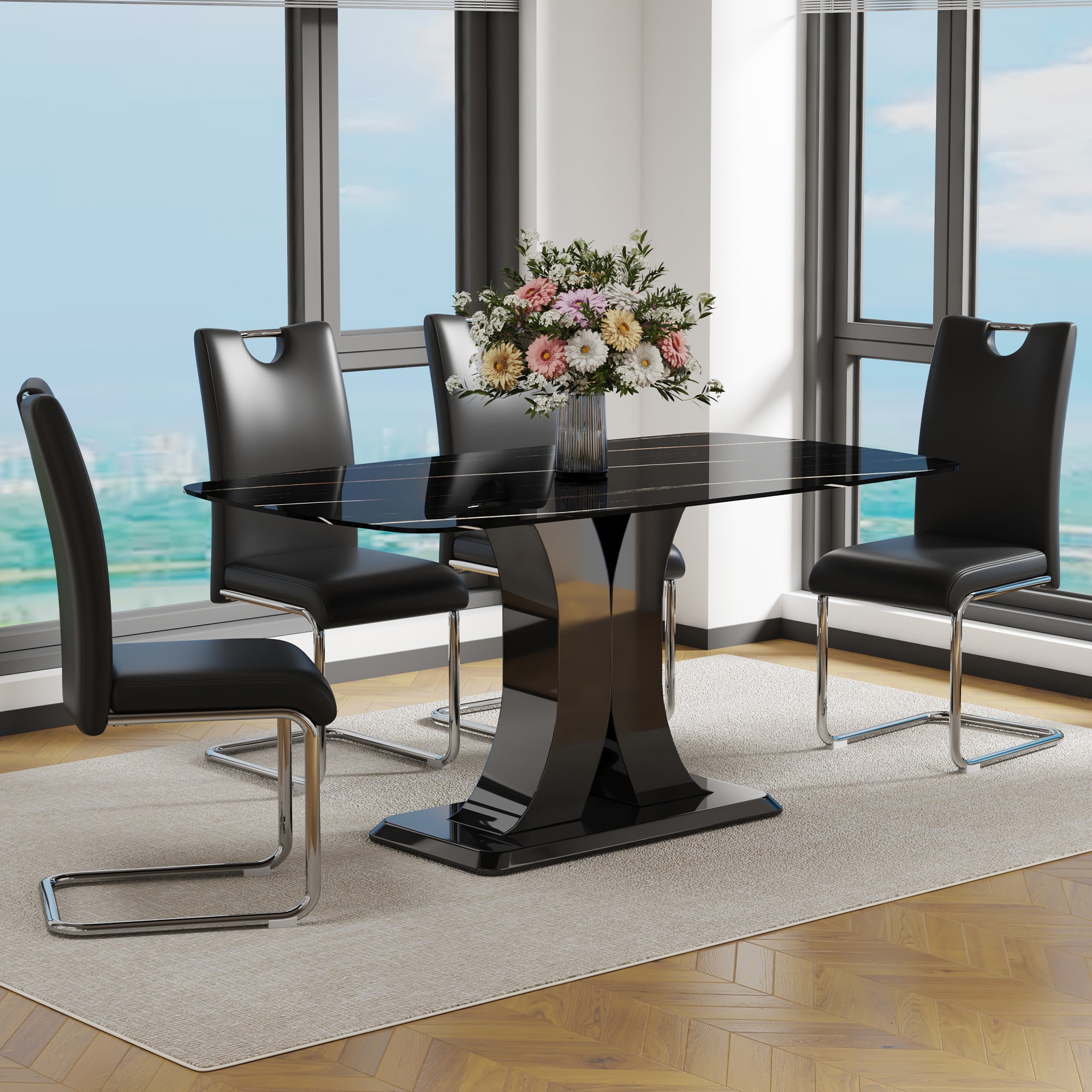 Modern Dining Table Set With Convertible Base, Luxury Rectangular Kitc