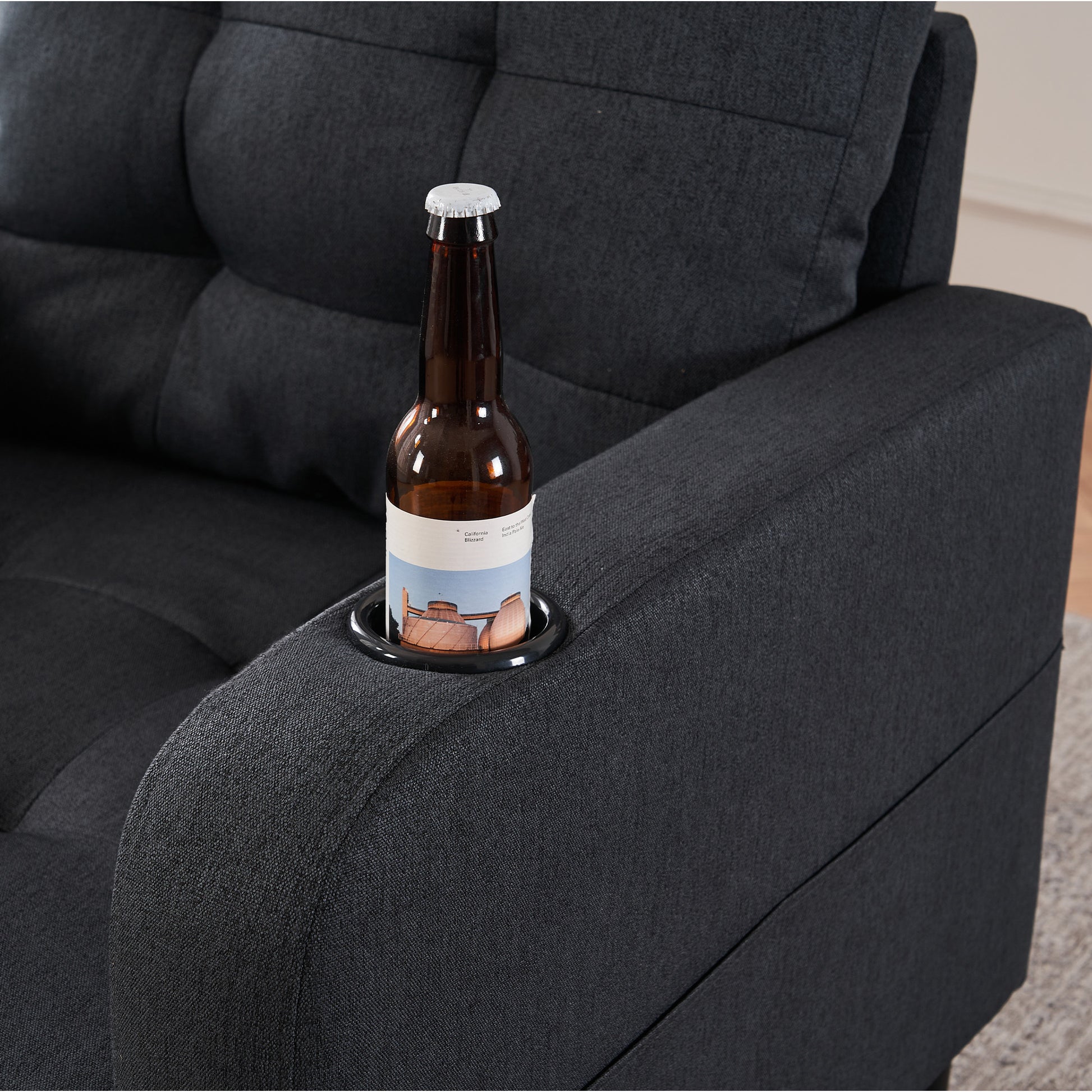 Dark Gray Upholstered Armchair And Storage Ottoman Set Comfortable Single Sofa With Cup Holders And Tufted Detailing, Ideal For Living Room Or Bedroom Dark Gray Foam Metal