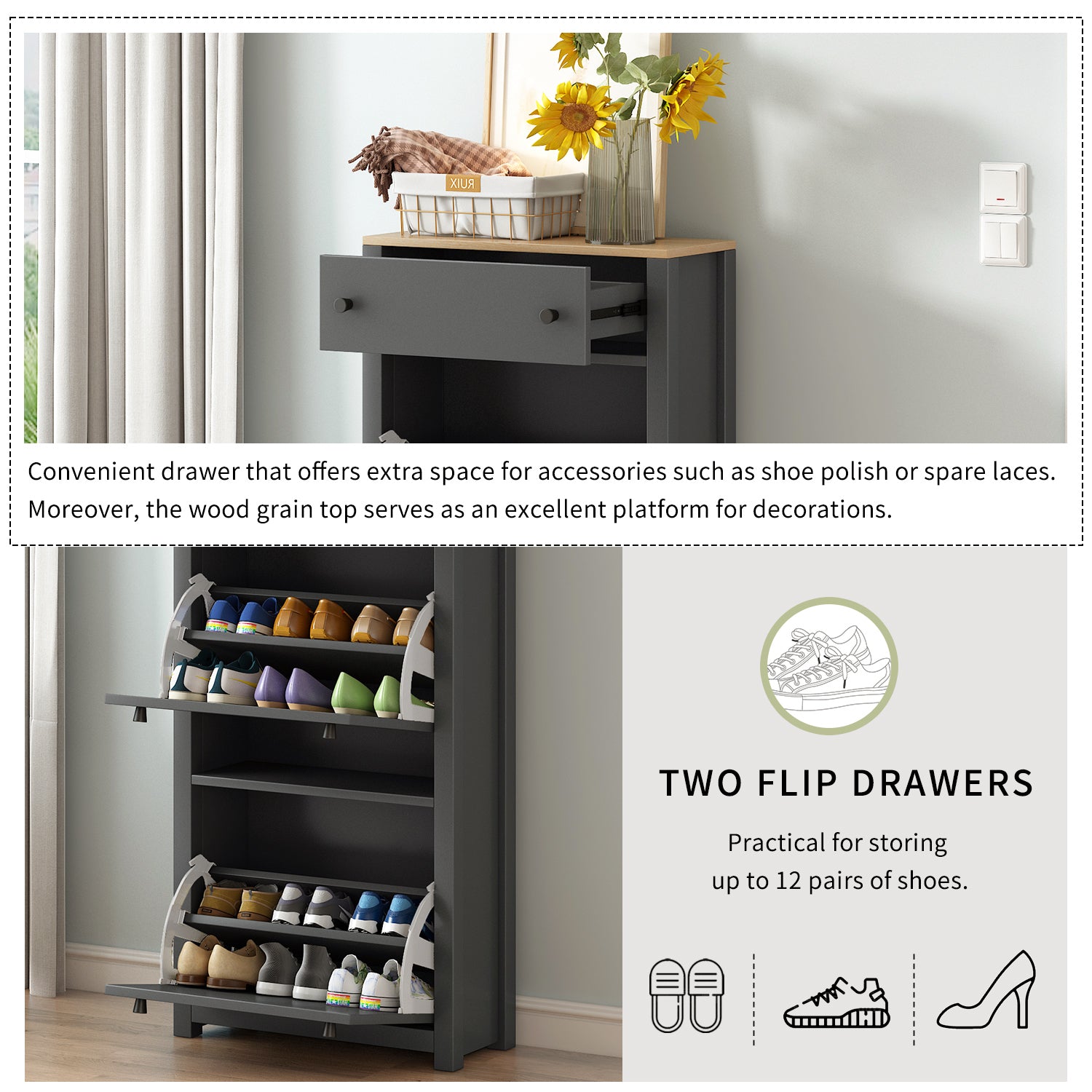 Functional Entryway Organizer With 2 Flip Drawers