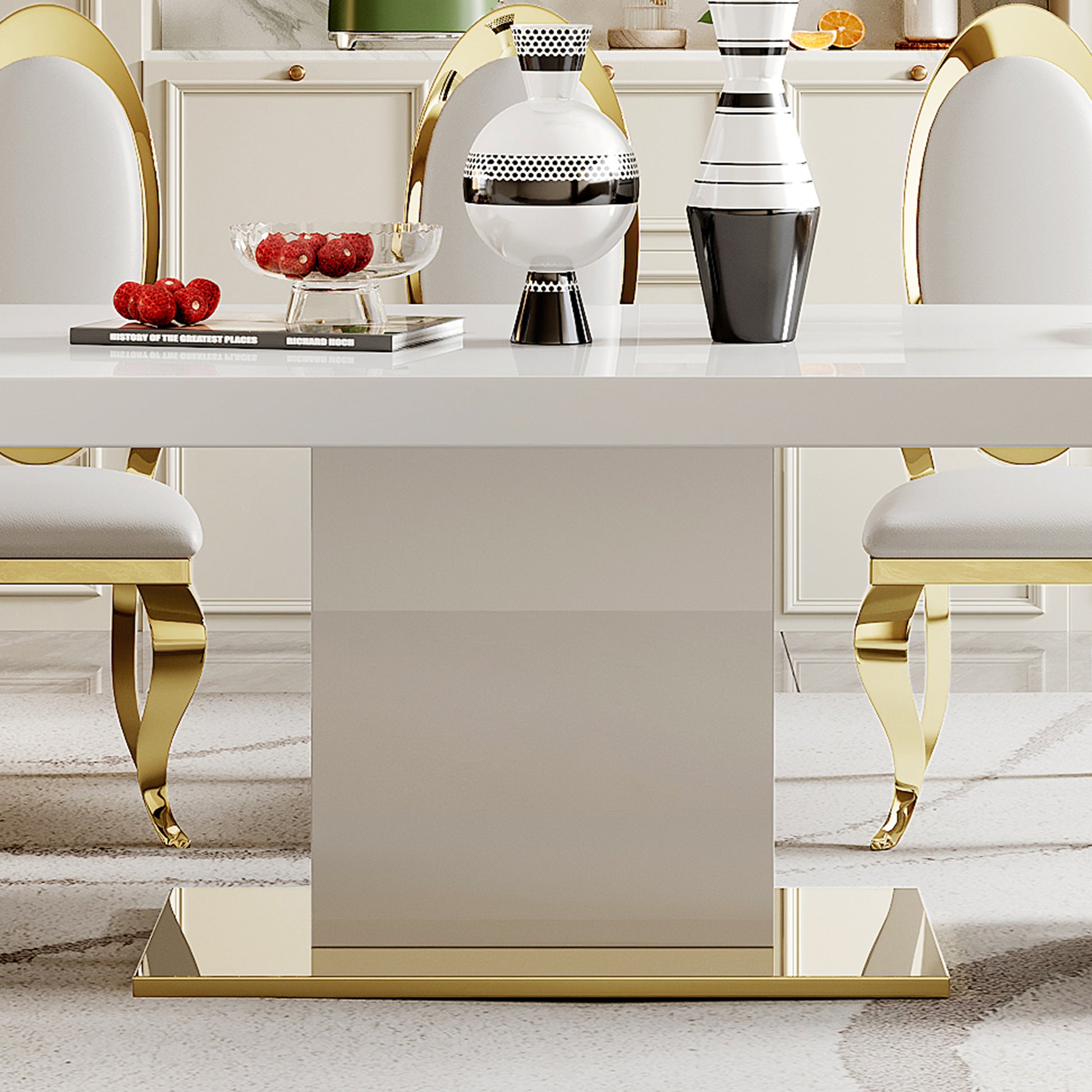 Mdf Top Dining Table With Gold Finish Corner, Mdf Pillar And Gold Finish Stainless Steel Base White Mdf