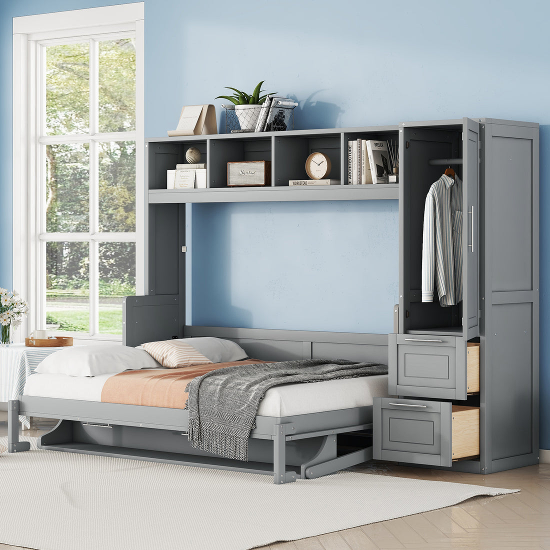 Full Size Murphy Bed Wall Bed With Closet And Drawers,Gray Gray Mdf Lvl