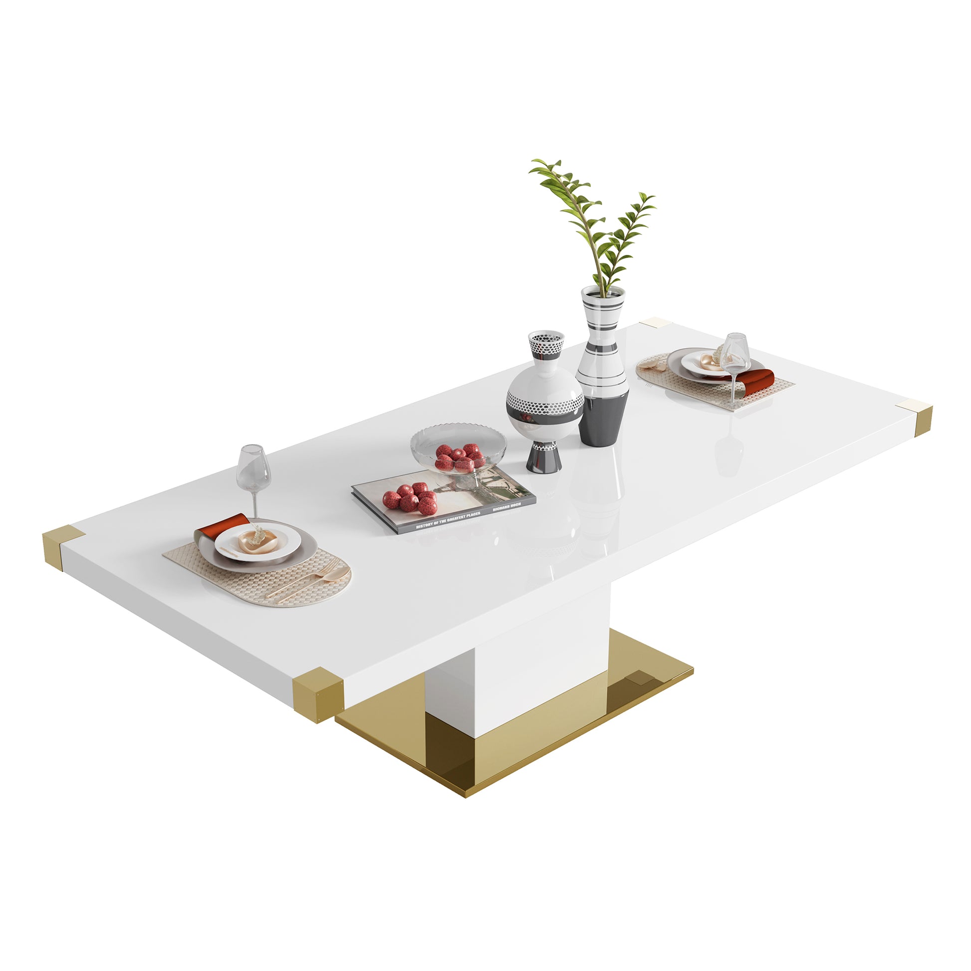 Mdf Top Dining Table With Gold Finish Corner, Mdf Pillar And Gold Finish Stainless Steel Base White Mdf