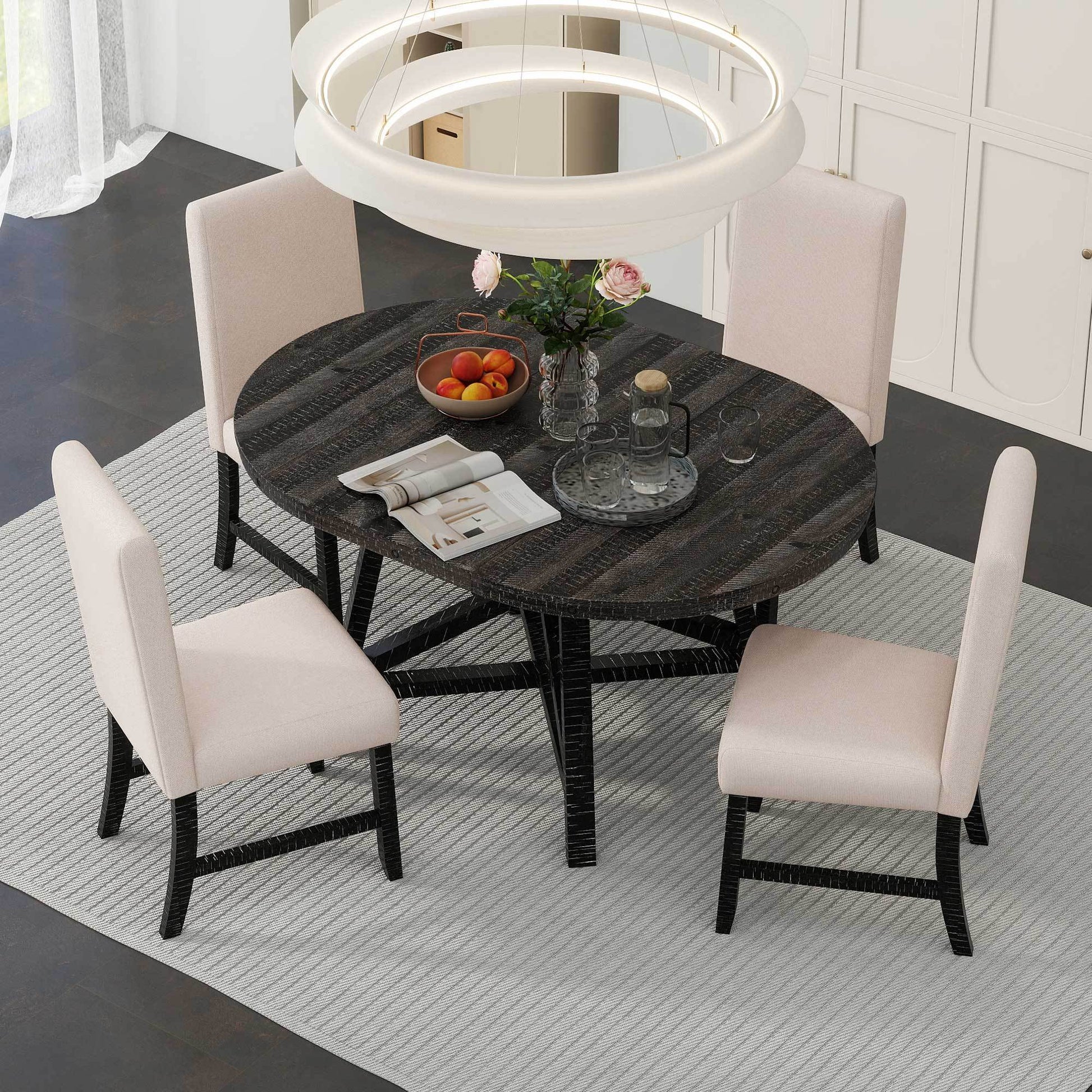 5 Piece Retro Functional Dining Set With Extendable Round Table With Removable Middle Leaf And 4 Upholstered Chairs For Dining Room And Living Room Black Black Solid Wood Mdf