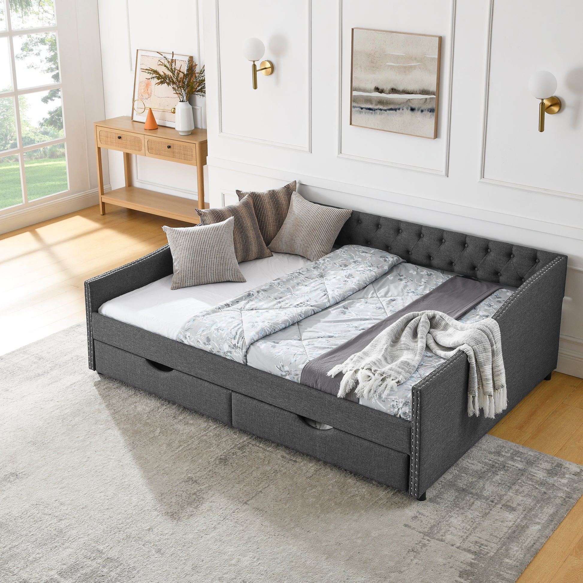 Queen Size Daybed With Drawers Upholstered Tufted Sofa Bed,With Button On Back And Copper Nail On Waved Shape Arms 84.5"X63.5"X26.5" Dark Grey Linen
