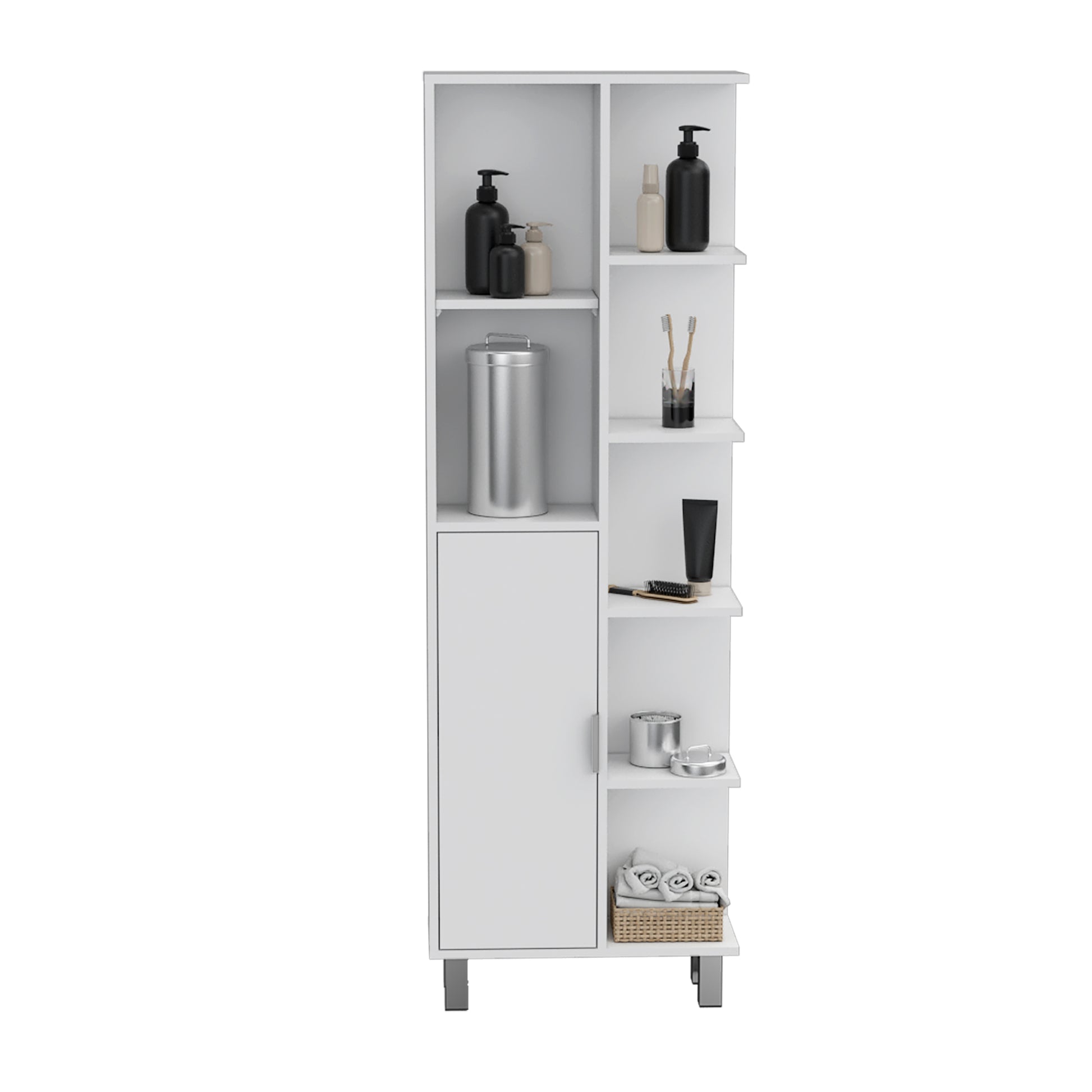 Mott 63" H Linen Bathroom Cabinet With Seven Open Shelves, One Drawer And Four Legs,White White Particle Board Pine