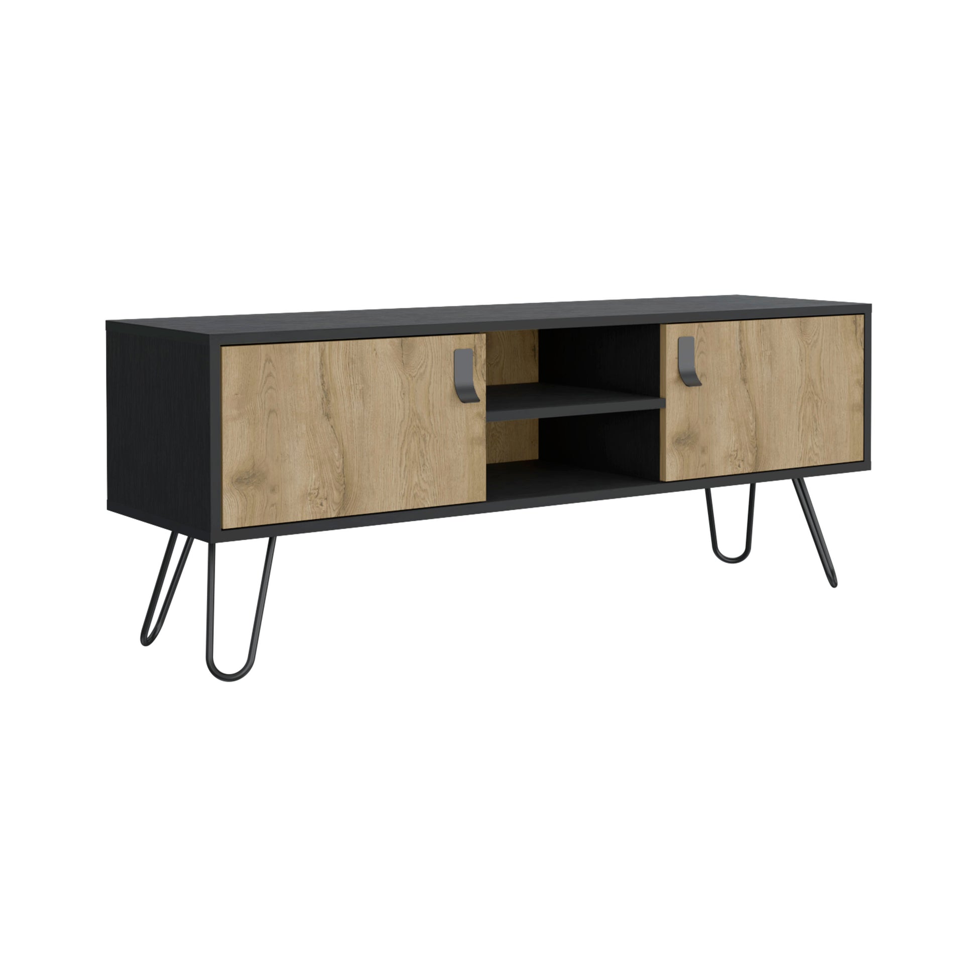 Toka Hairpin Legs Tv Rack With Media Center And 2 Door, Black Macadamia Black Multi 40 49 Inches Particle Board Pine